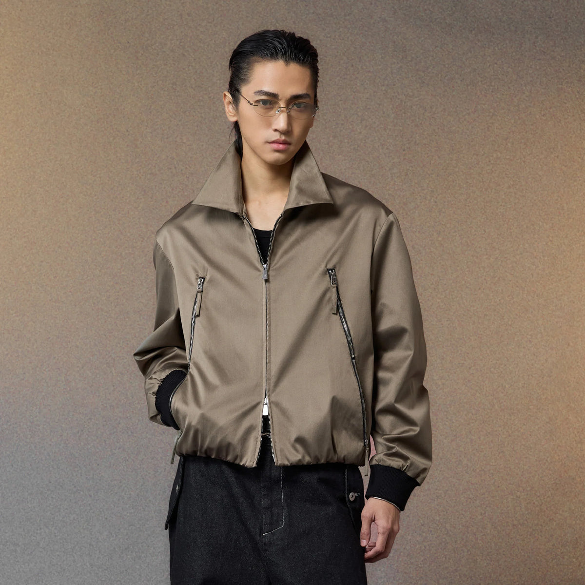 ALVNG AR ANTS Ruched-Sleeve Dual-Zips Bomber Jacket