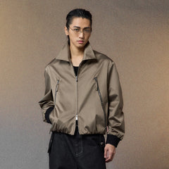 ALVNG AR ANTS Ruched-Sleeve Dual-Zips Bomber Jacket
