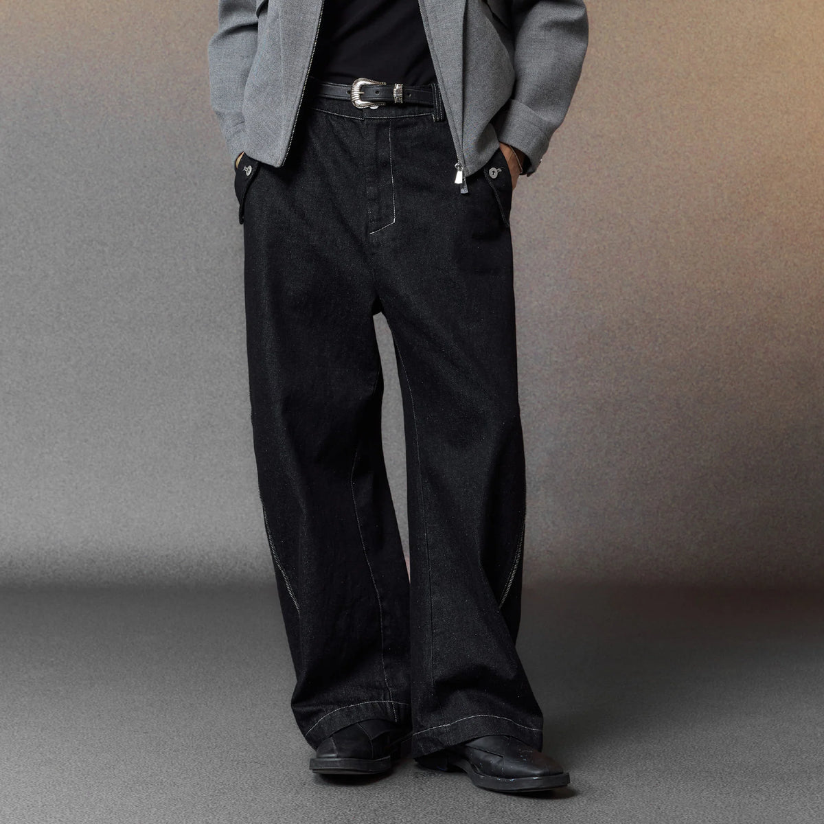 ALVNG AR ANTS Zip-Seam Wide-Leg Denim Trousers