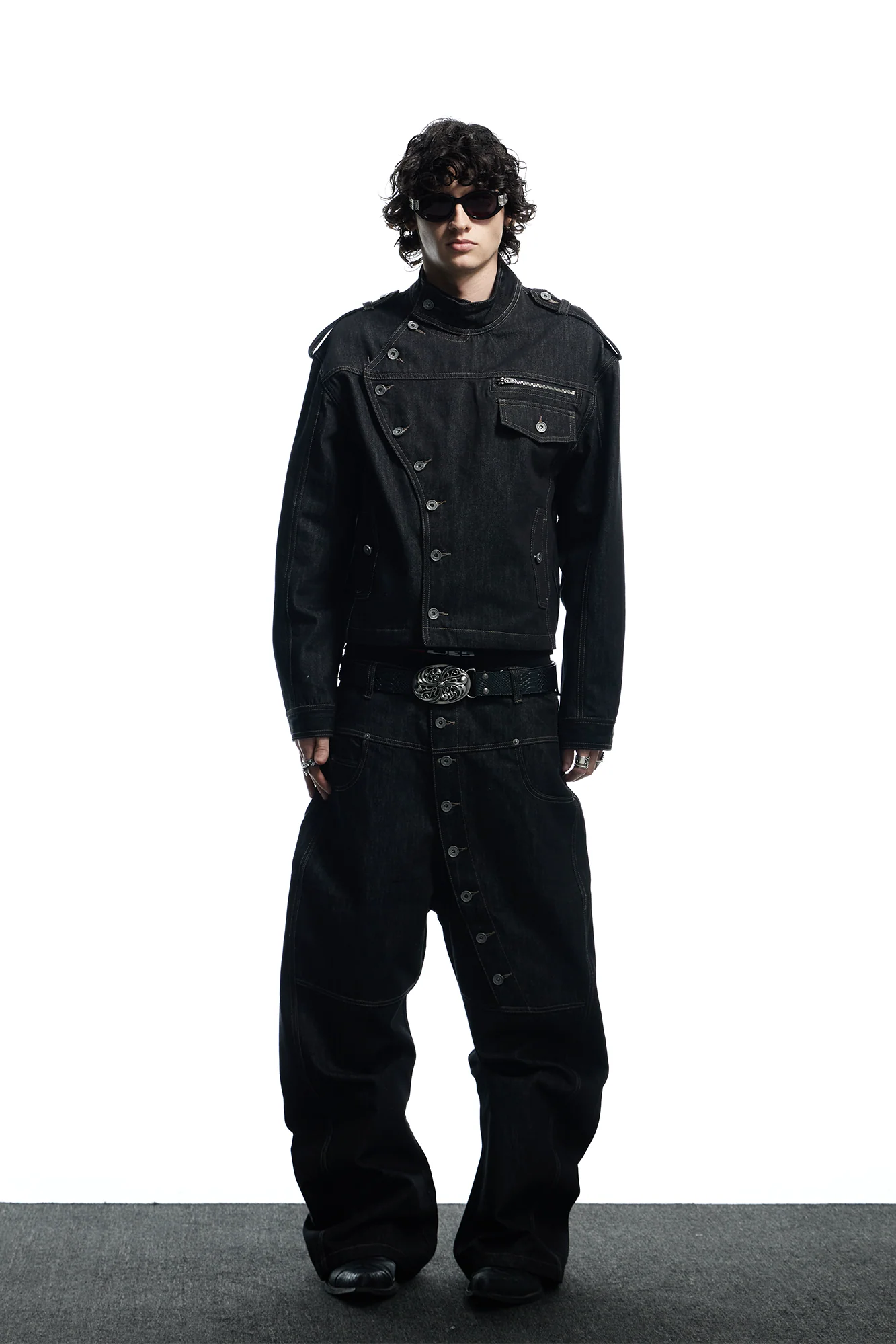 DND4DES Asymmetric Button Stand Collar Raw Denim Jacket