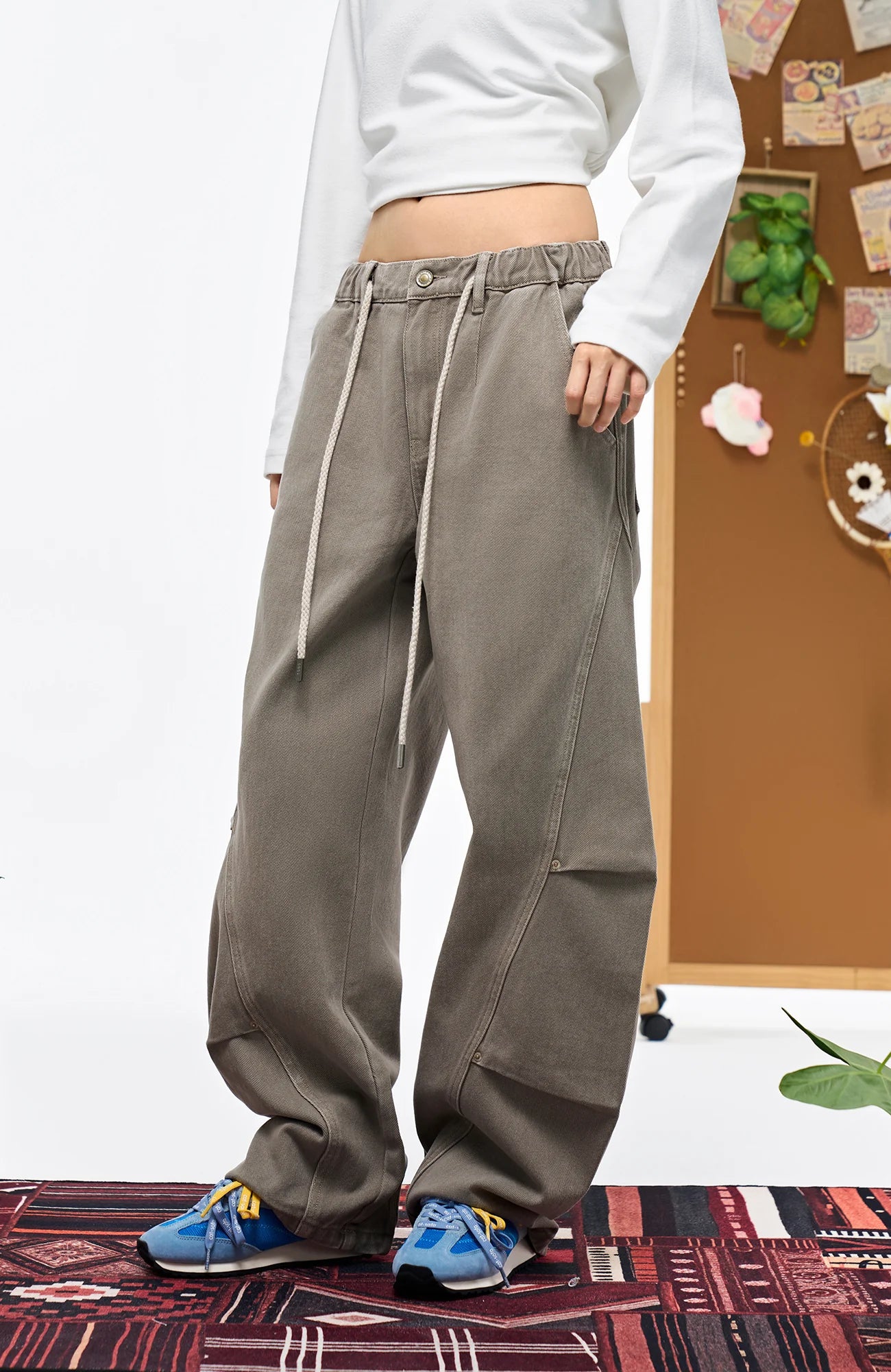 OVERLAPS Washed Drawstring Barrel-Leg Utility Pants