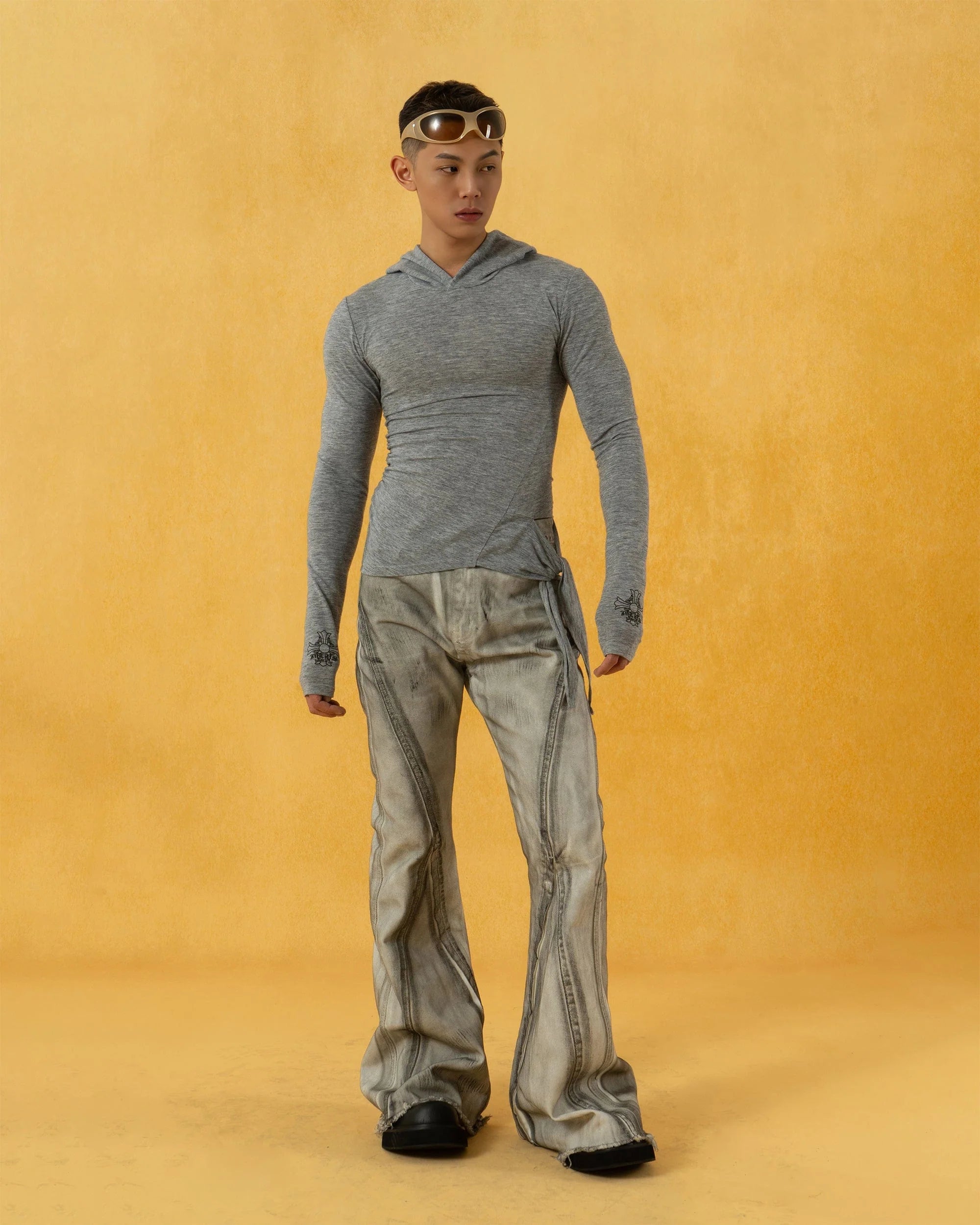 CLP Spliced Distressed Raw Edge Flared Jeans