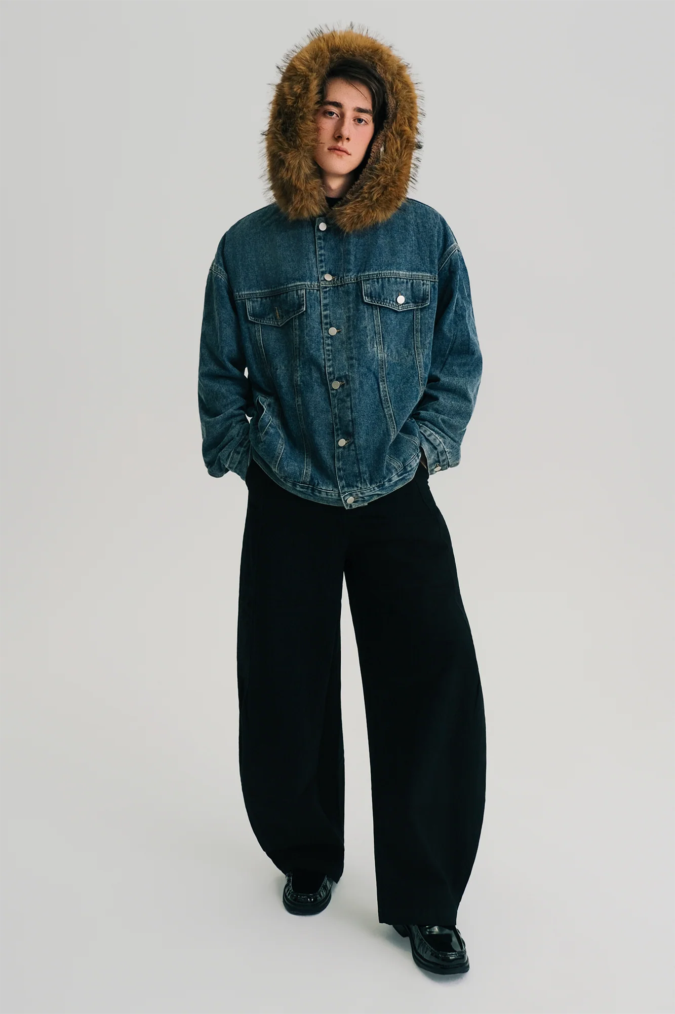 WIID Detachable Faux Fur-Collared Denim Jacket