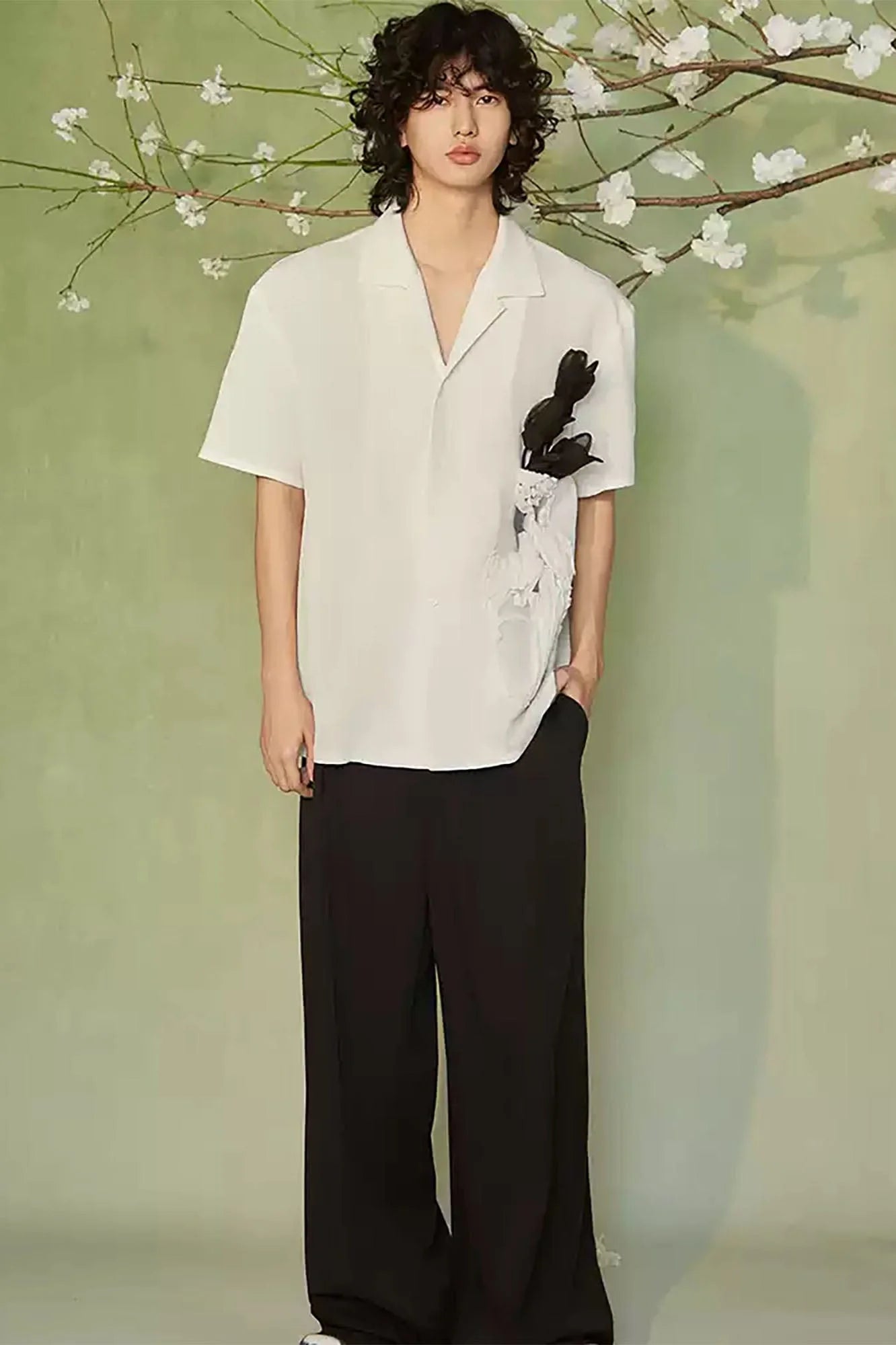 JIECHI Bottled Bloom Sheer Half Shirt