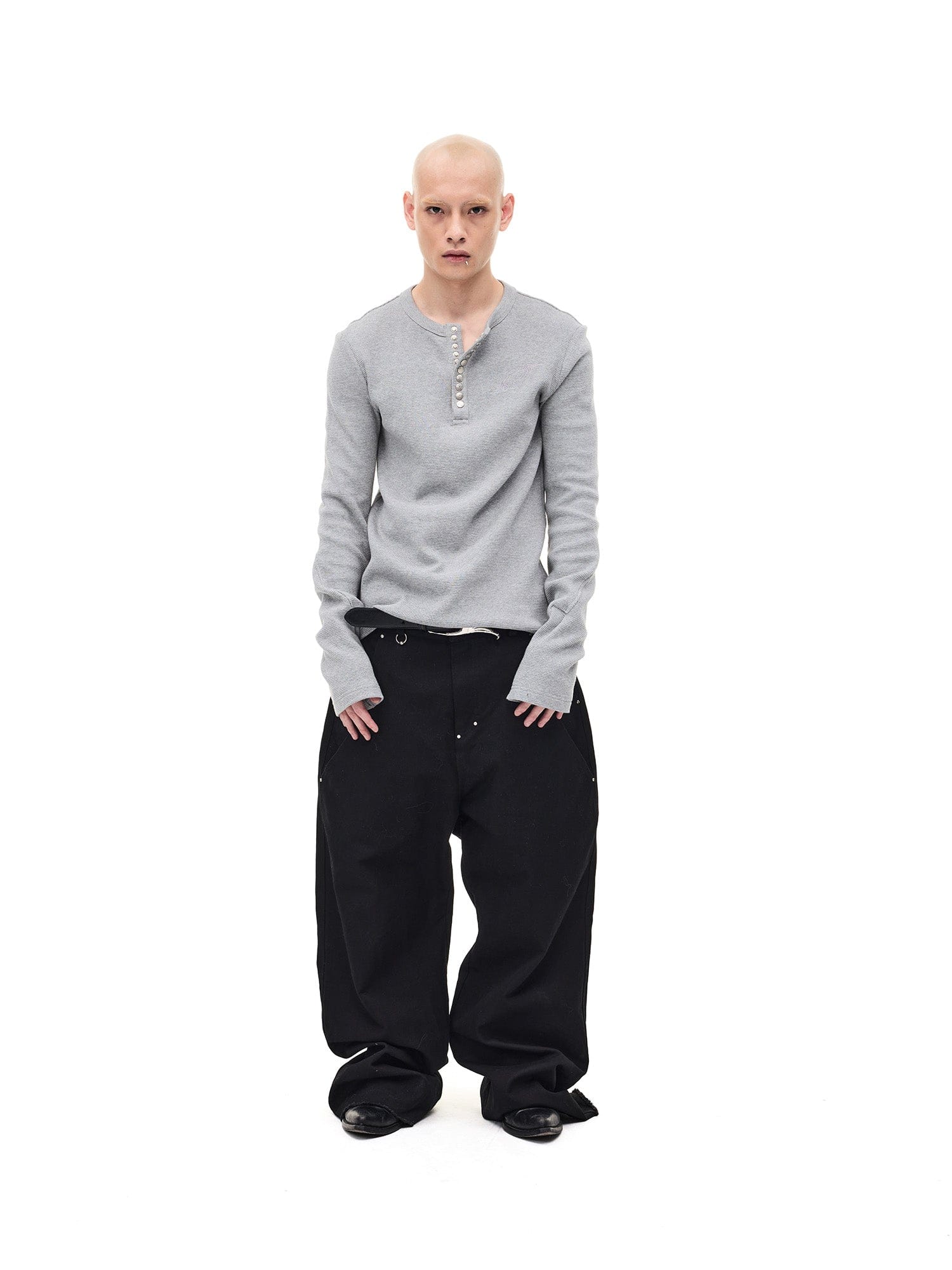WHISTLEHUNTER Waffle-Knit Snap Henley Long-Sleeve Tee