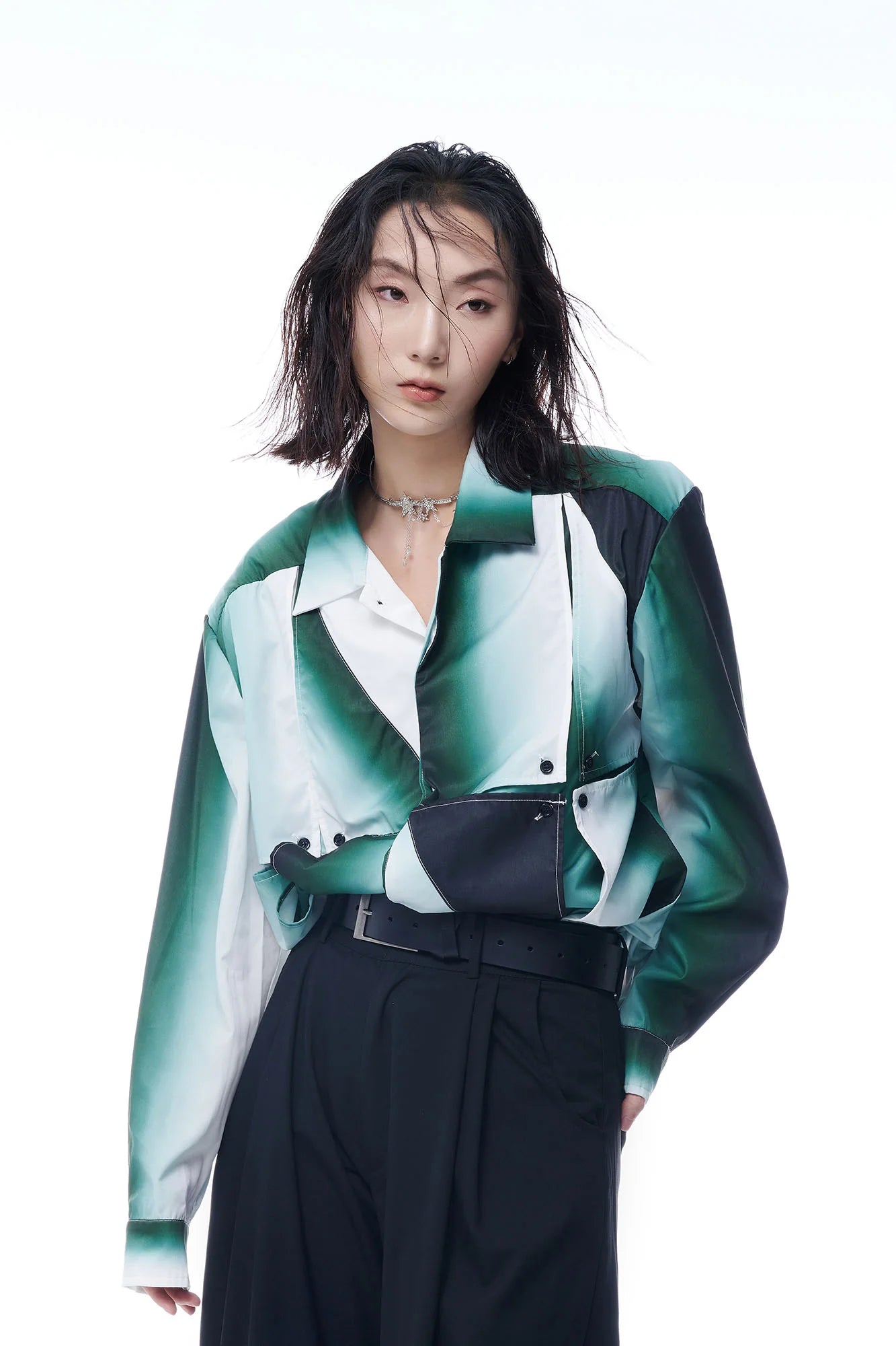 TUIMU Gradient Geometry Panel Acetate Shirt