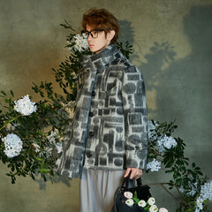 JIECHI Detachable Drape Geometry Full-Print Wool-Blend Jacket