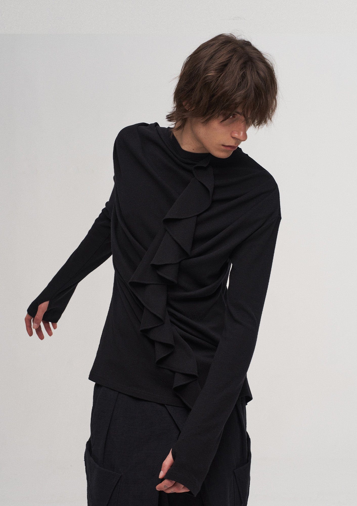 ILNya Nieternite Nifutur Ruffled Mock Neck Thumb Holes Wrinkled Base Layer