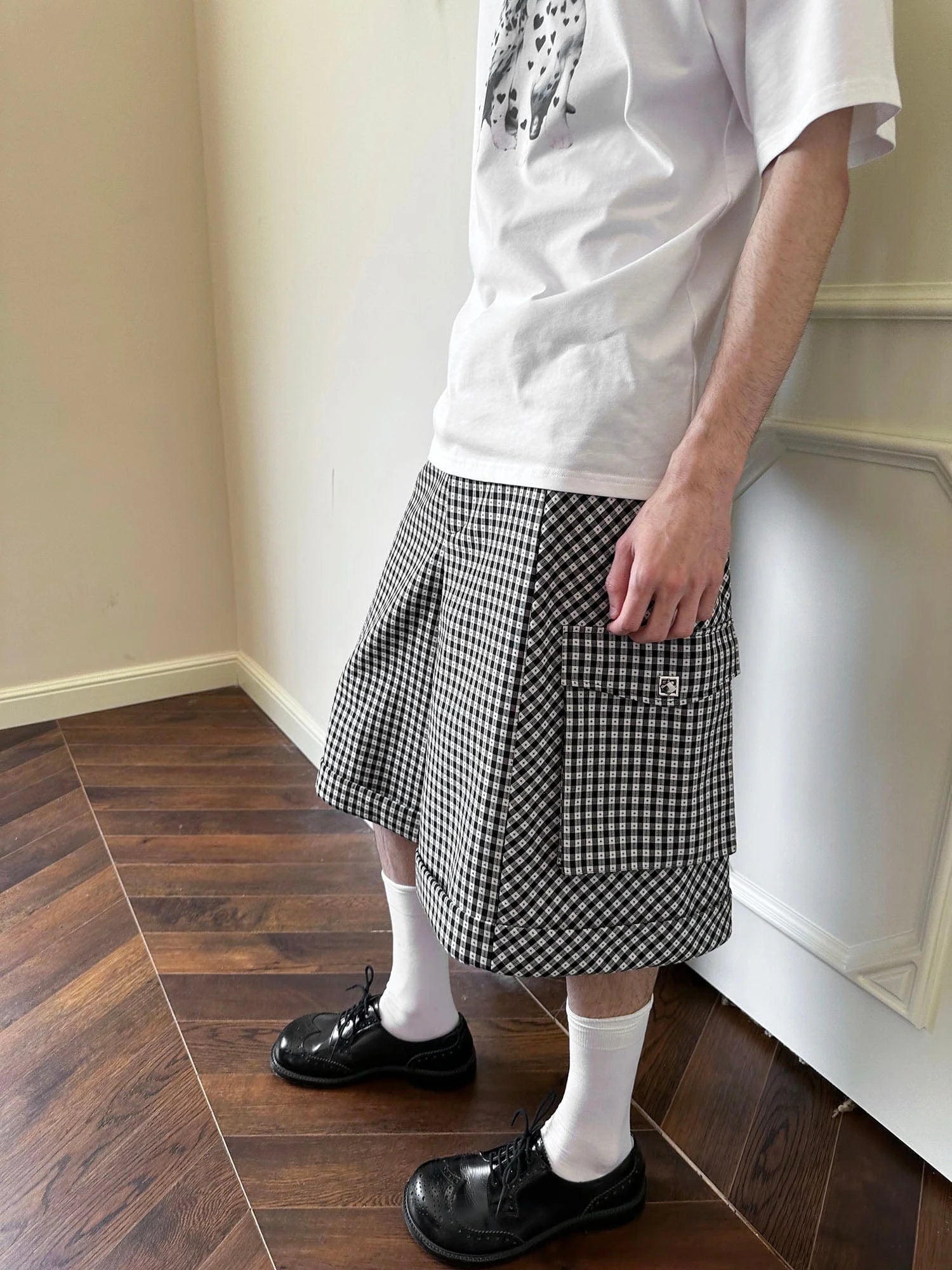 SOURPLUM Retro Gingham Spliced Oversized Shorts