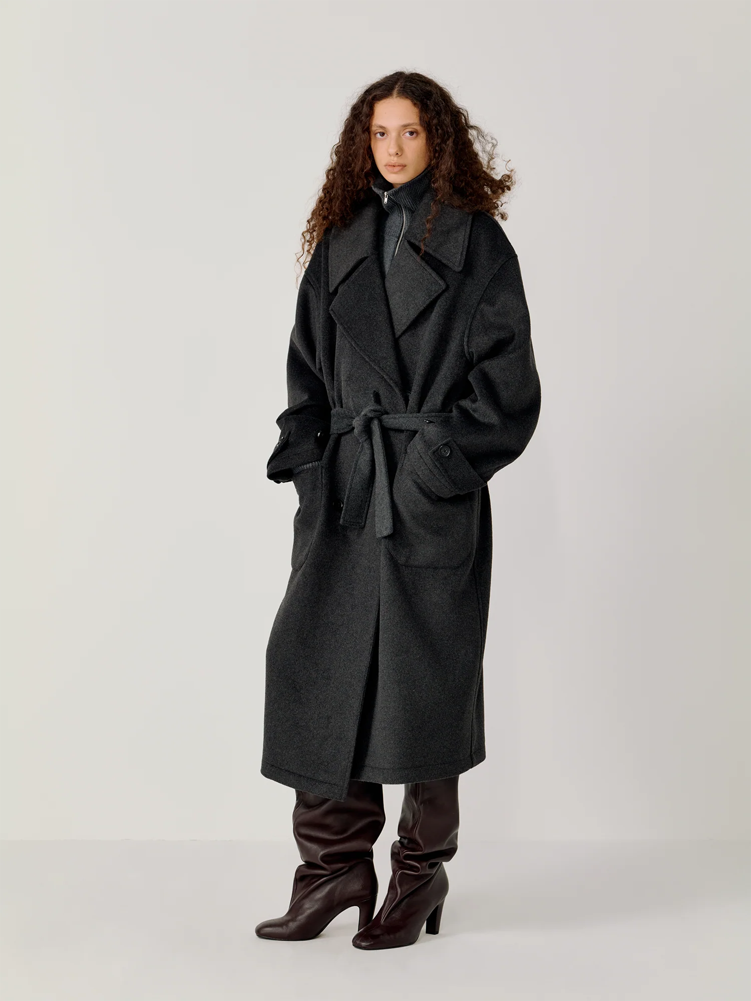 OPICLOTH Belted Wool-Blend Peak Lapel Overcoat