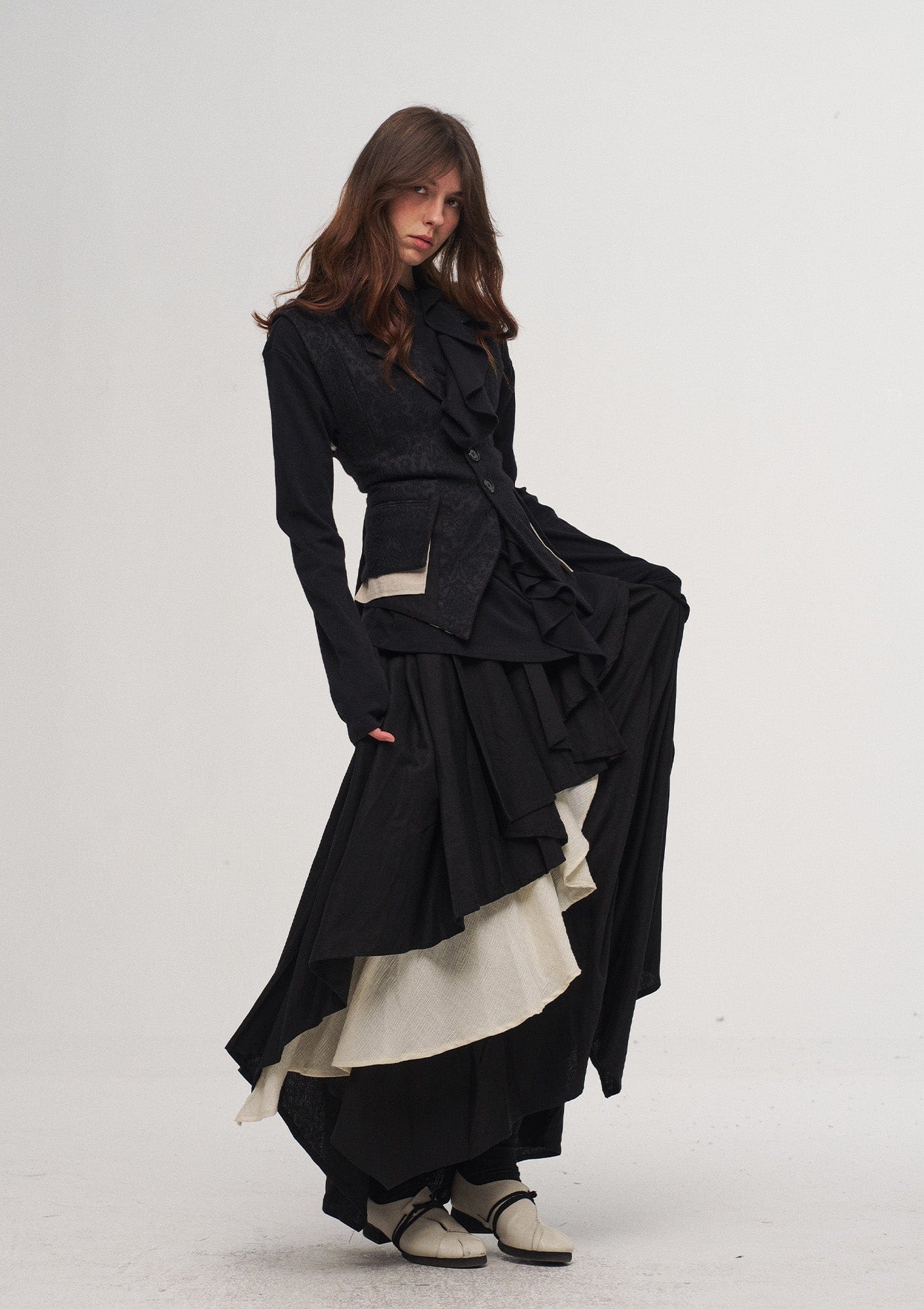 ILNya Nieternite Nifutur Ruffled Mock Neck Thumb Holes Wrinkled Base Layer