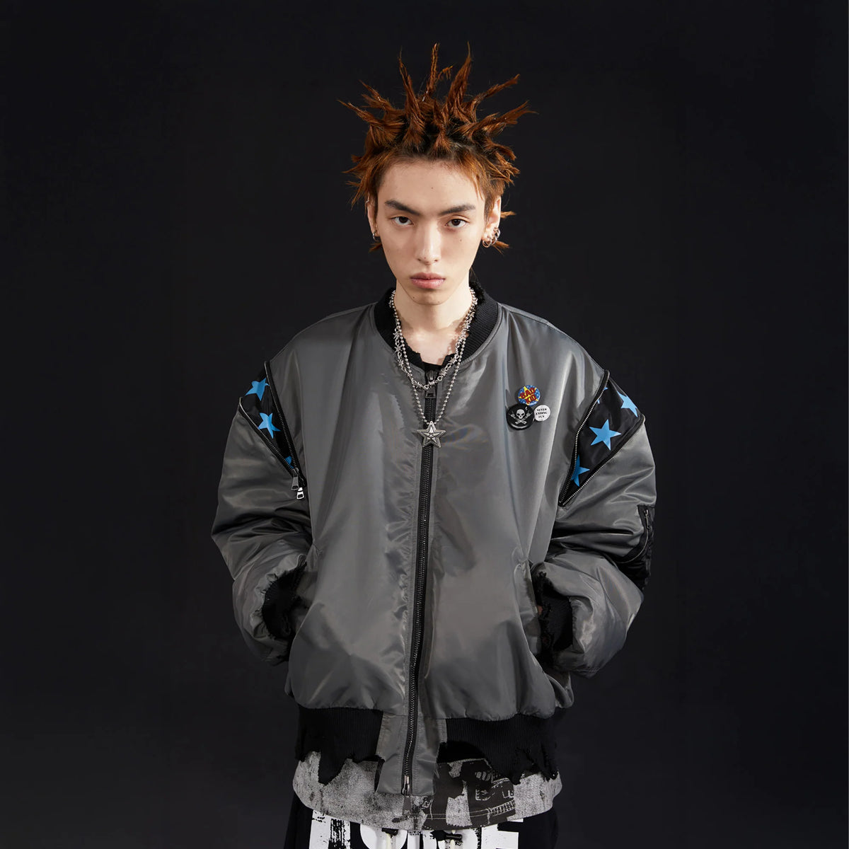 VENTUREK Retro Zipper-Spliced Raw Edge Bomber Jacket