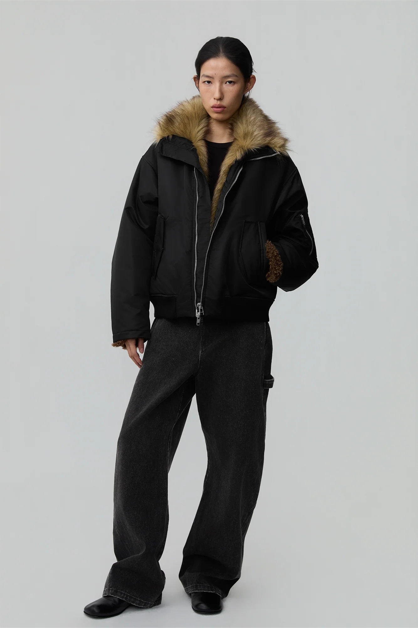 OPICLOTH Faux Fur-Lined Spliced Bomber Jacket