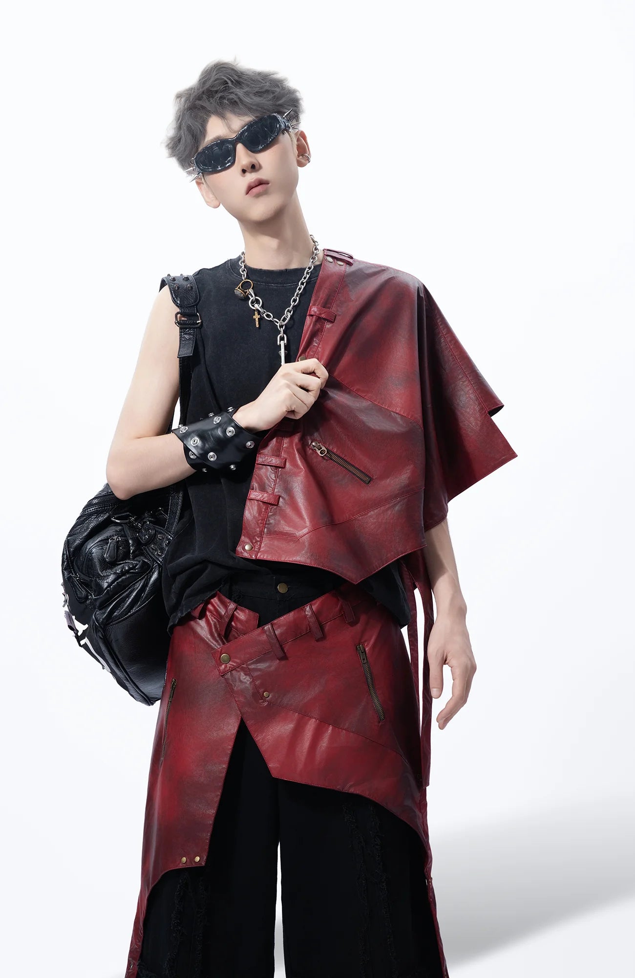 MOGONGSHE Detachable PU Drape  Frayed Cross Jeans