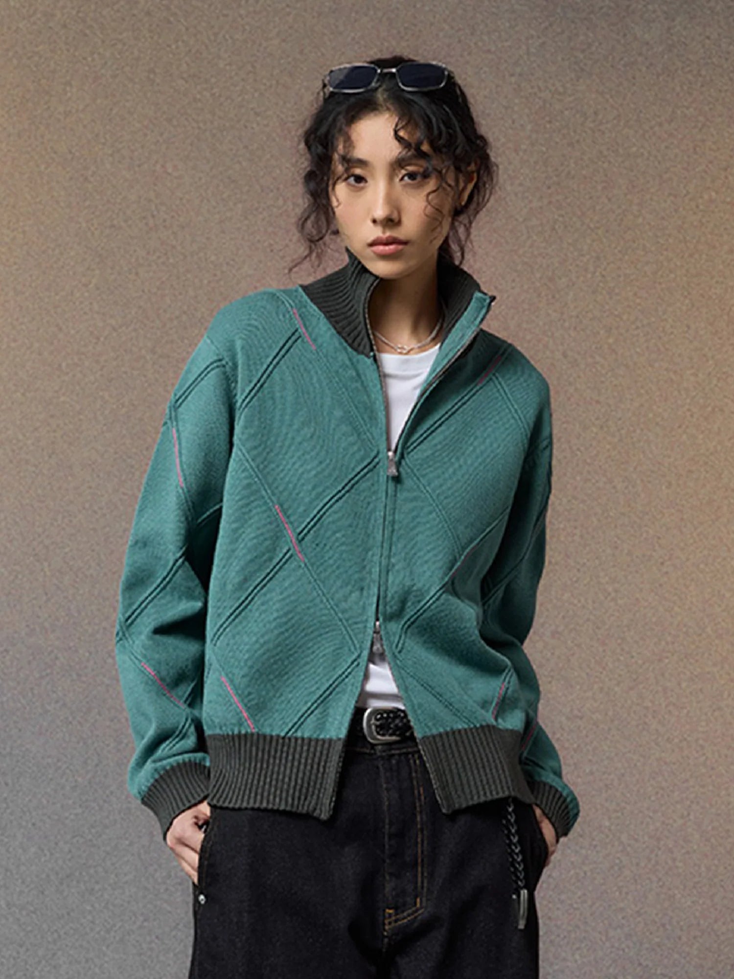 ALVNG AR ANTS Geometric Stitch Zip-Up Sweater