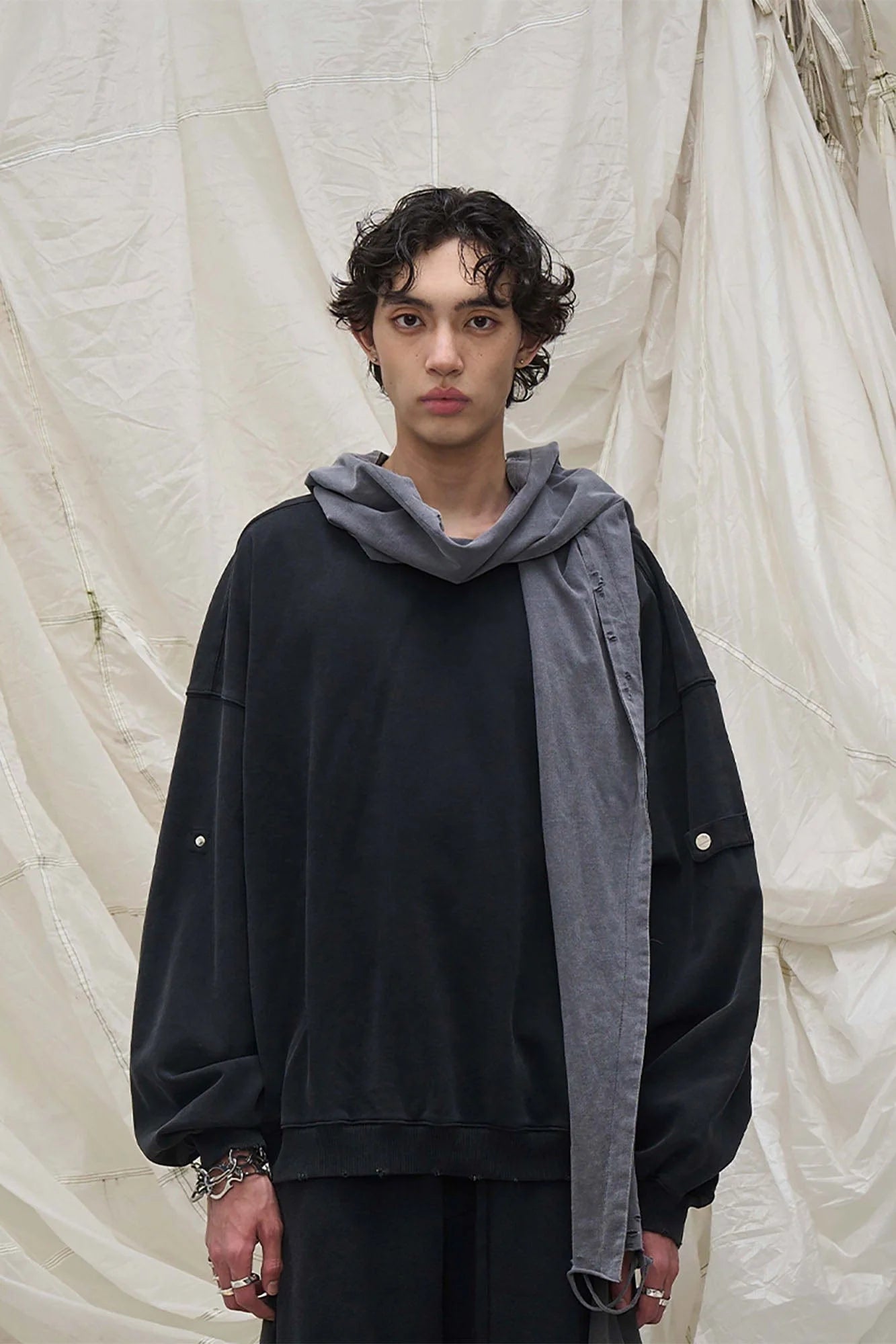 RELABEL Detachable-Hood Distressed Ripped Sweatshirt