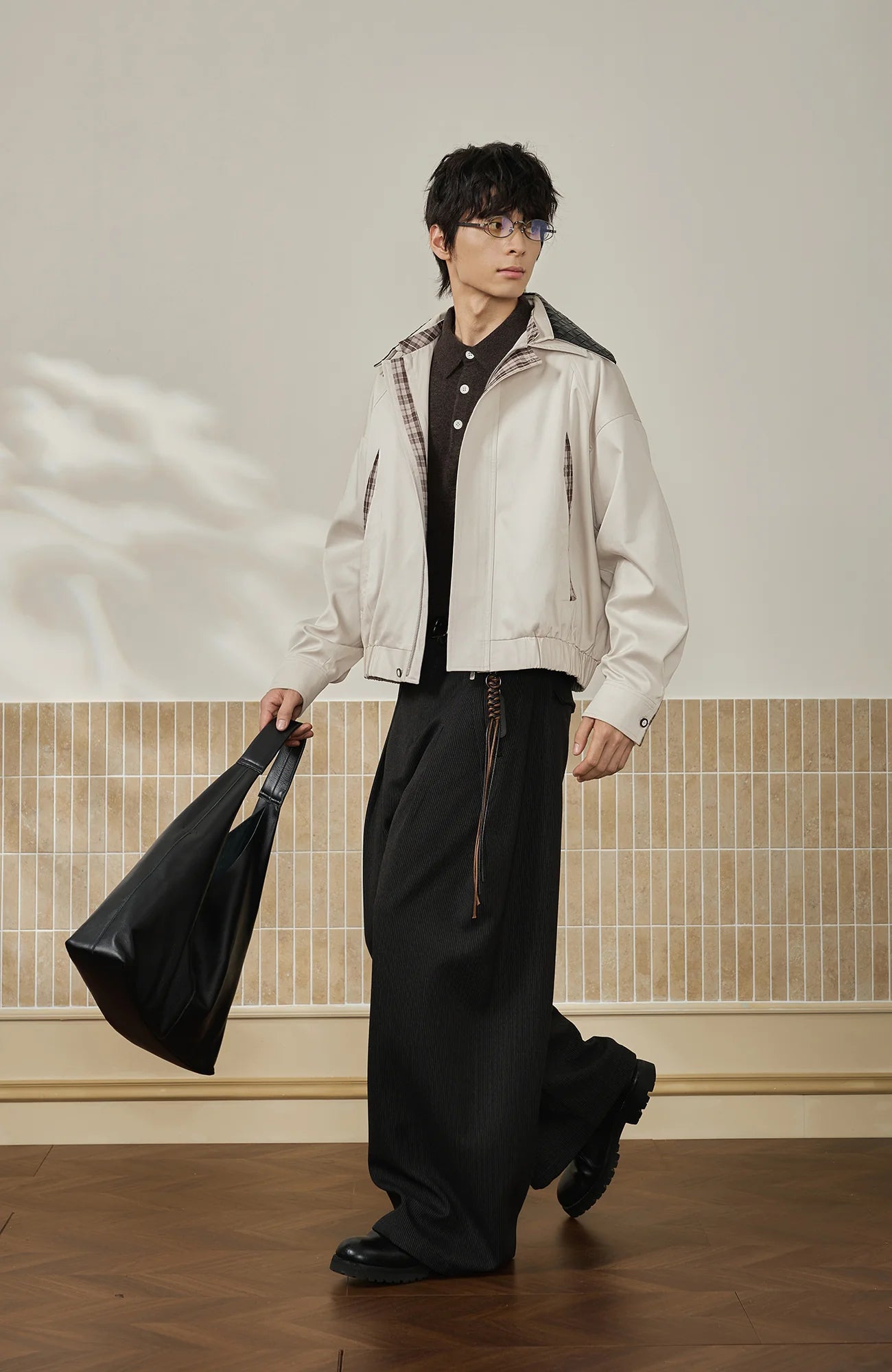 MOITIEDEPETALE Convertible Collar & Hood Plaid Pocket Jacket