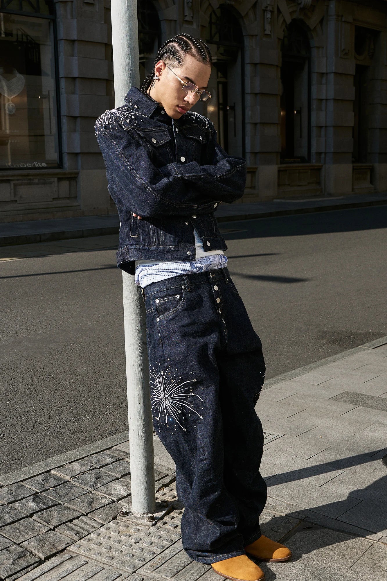 STEEPC Firework Embroidered Rhinestone Curved Raw Jeans