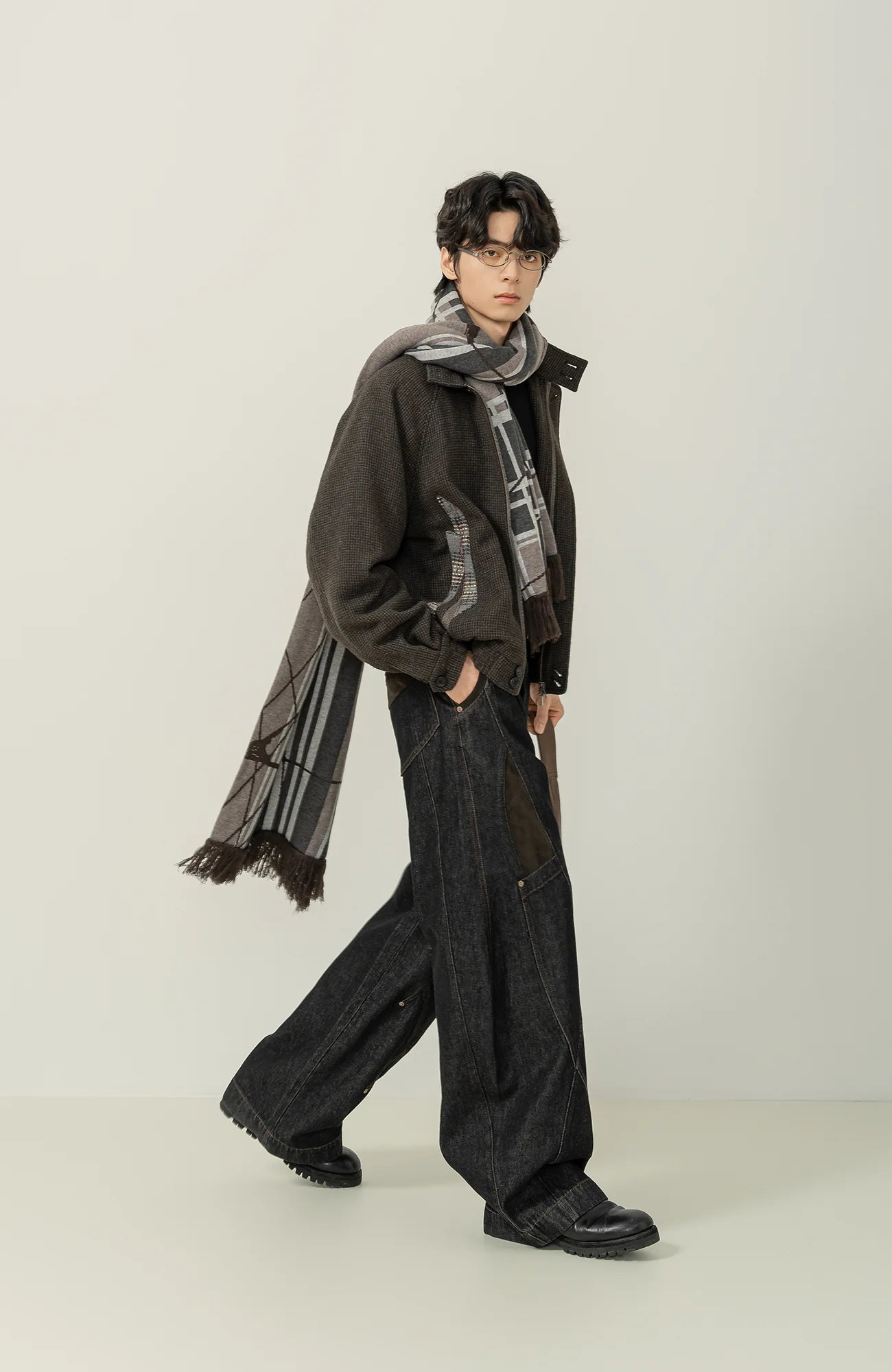 MOITIEDEPETALE Plaid Panels Wool-Blend Jacket