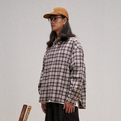 UNLIMITED MOTE Plaid Oversized Half-Open Collar Shirt Brown