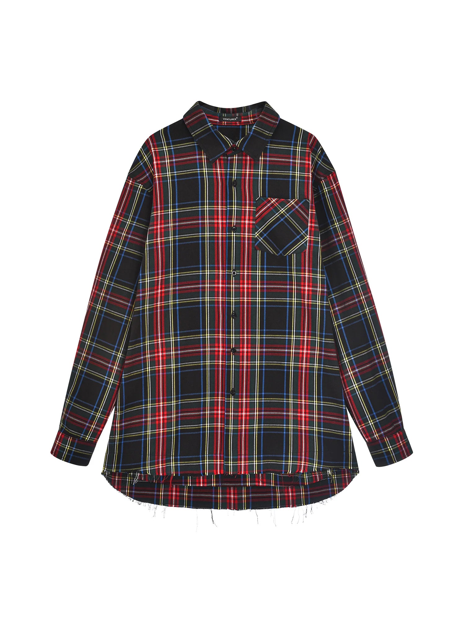 VENTUREK Distressed Back-Patch Frayed Plaid Shirt