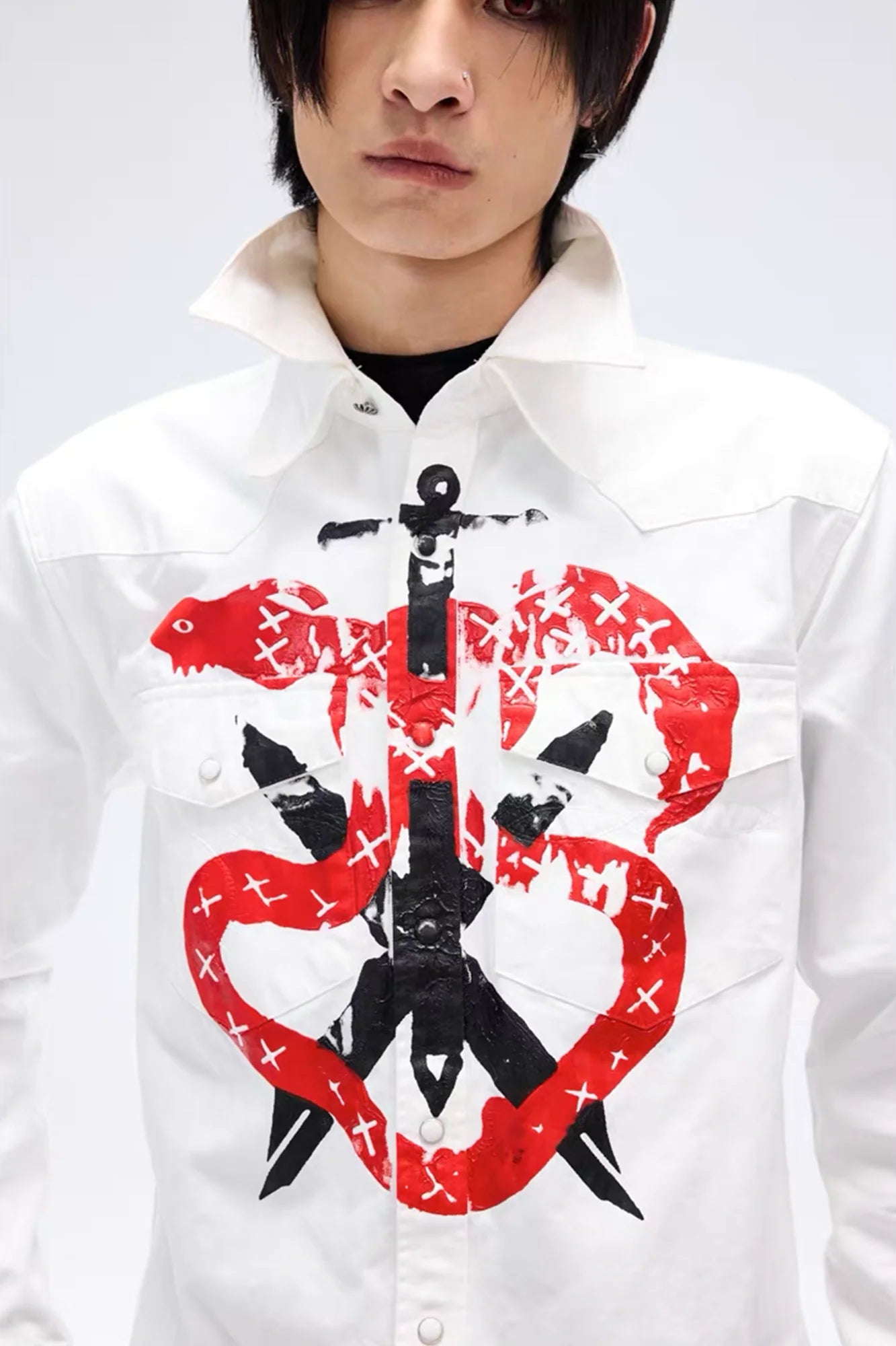 NOTHINGNESS WORLD Snake Graphic Layered-Collar Denim Shirt