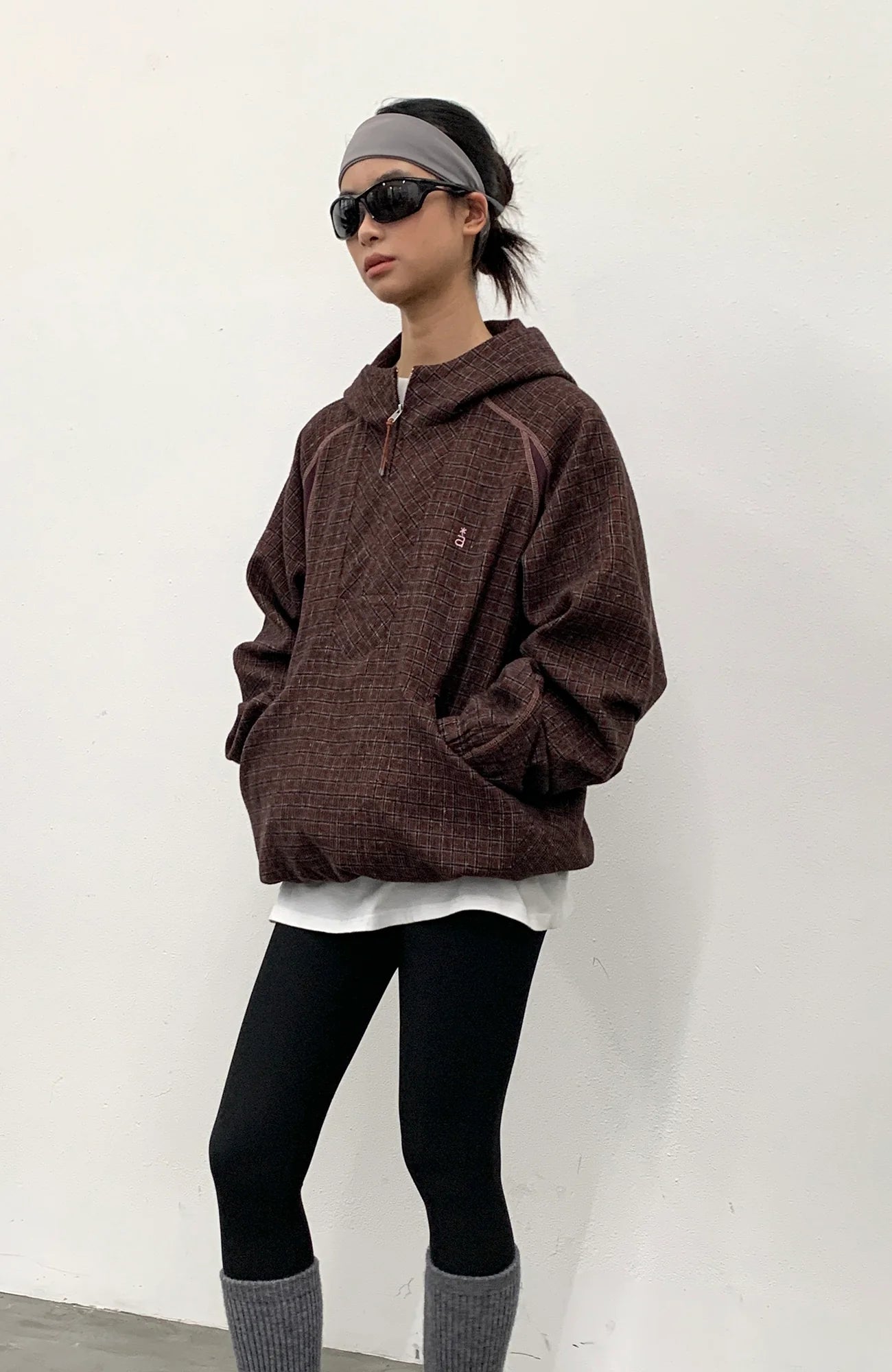 ROARINGWILD A ARCH Plaid Paneled Half-Zip Hooded Jacket