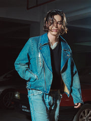 RICHILL Washed Multi-Zip Short Denim Biker Jacket