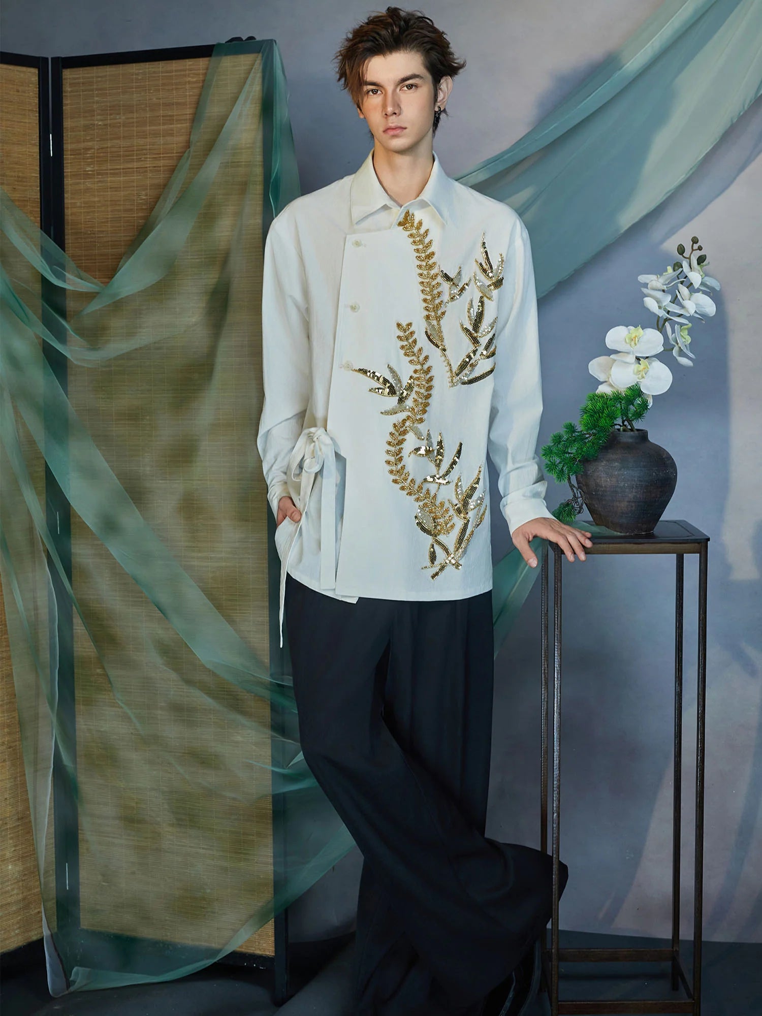 JIECHI Sequin Leaf Embroidered Asymmetrical Wrap Shirt
