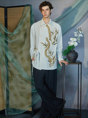 JIECHI Sequin Leaf Embroidered Asymmetrical Wrap Shirt
