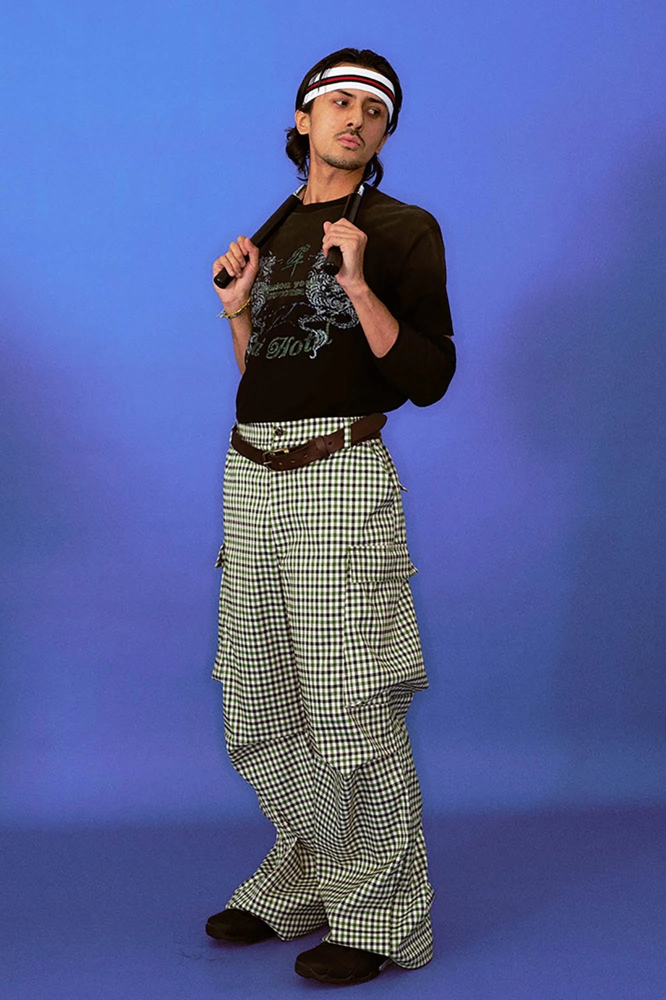TRECLUB Plaid Multi-Pocket Crinkled Cargo Pants