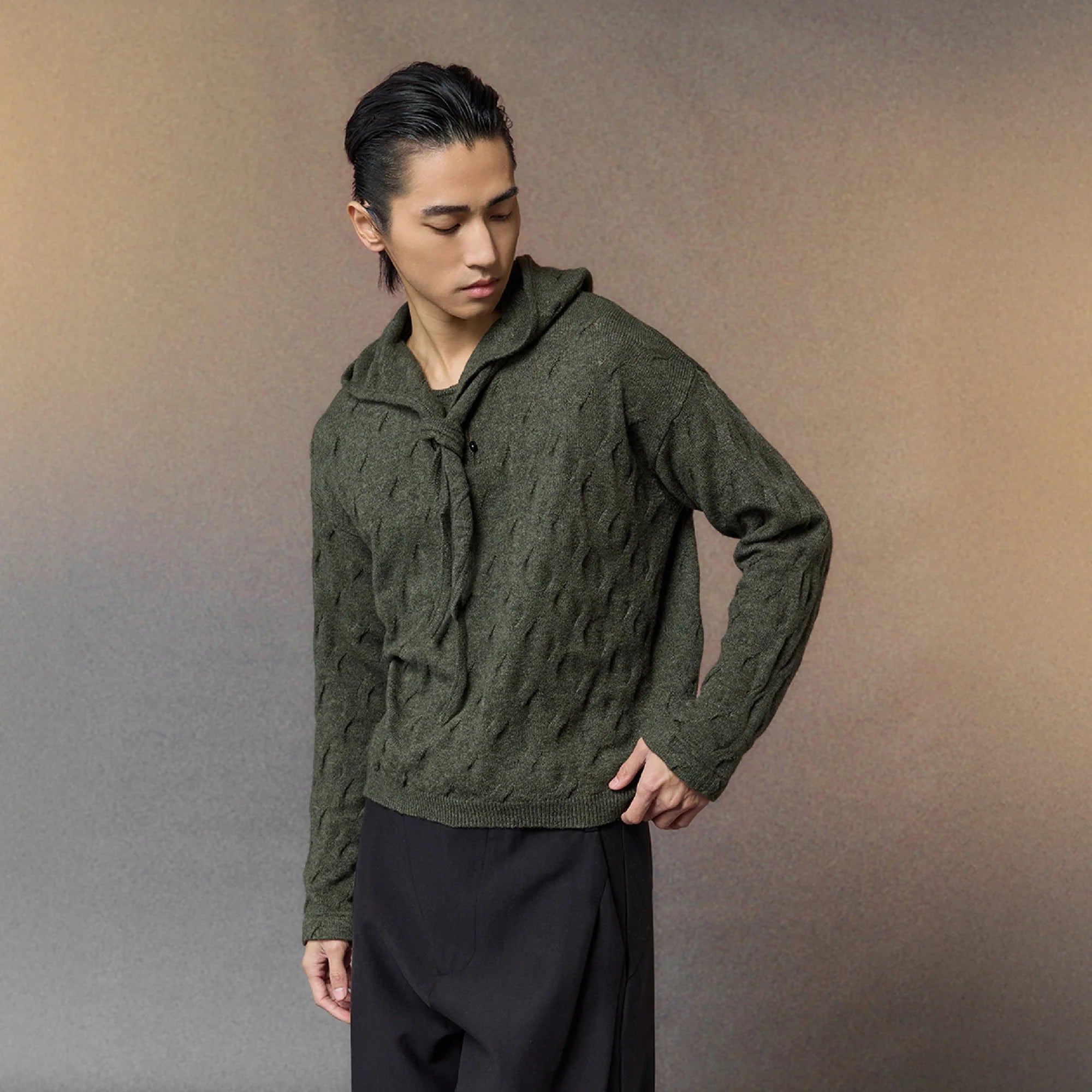 ALVNG AR ANTS Cable-Knit Tie-Neck Hooded Sweater