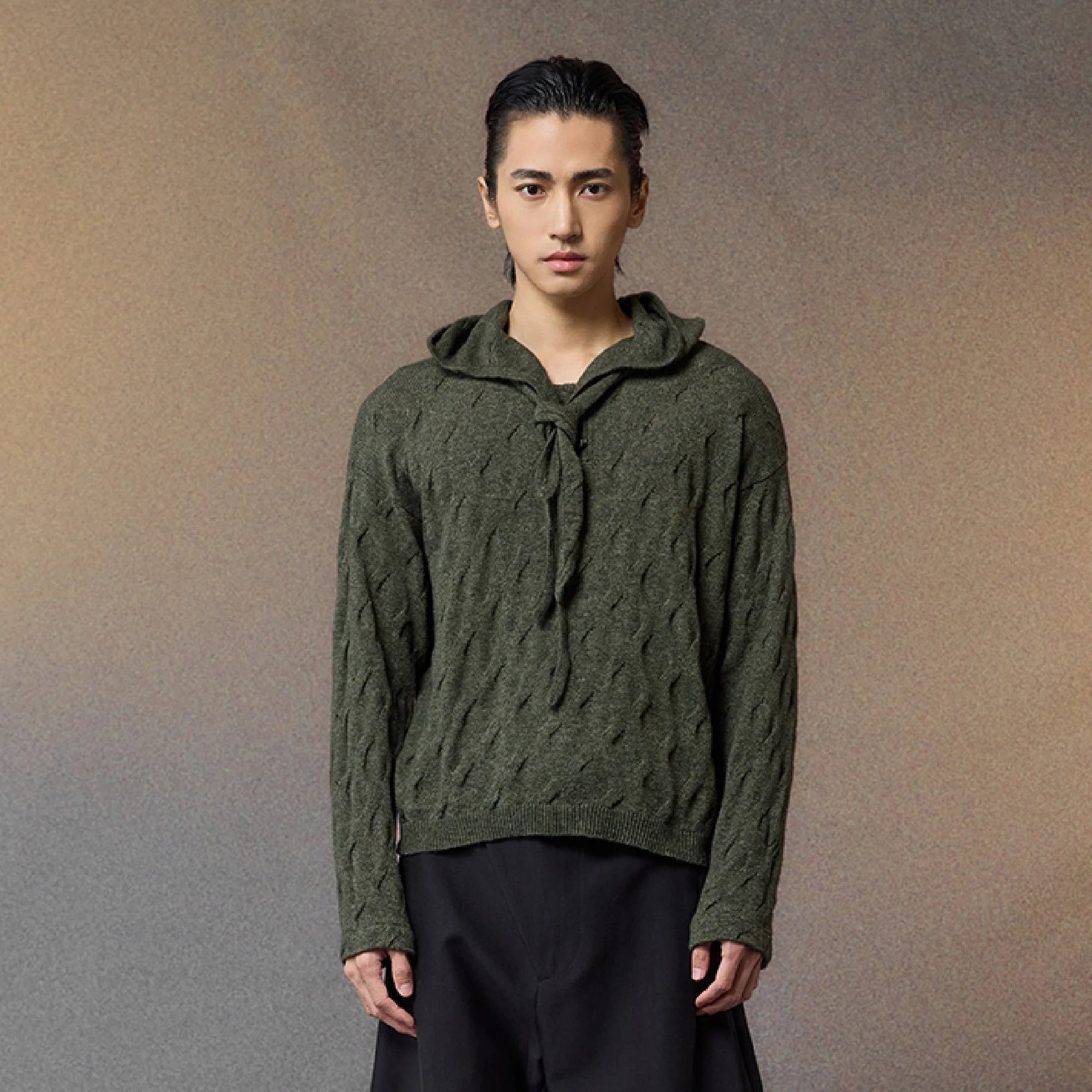ALVNG AR ANTS Cable-Knit Tie-Neck Hooded Sweater