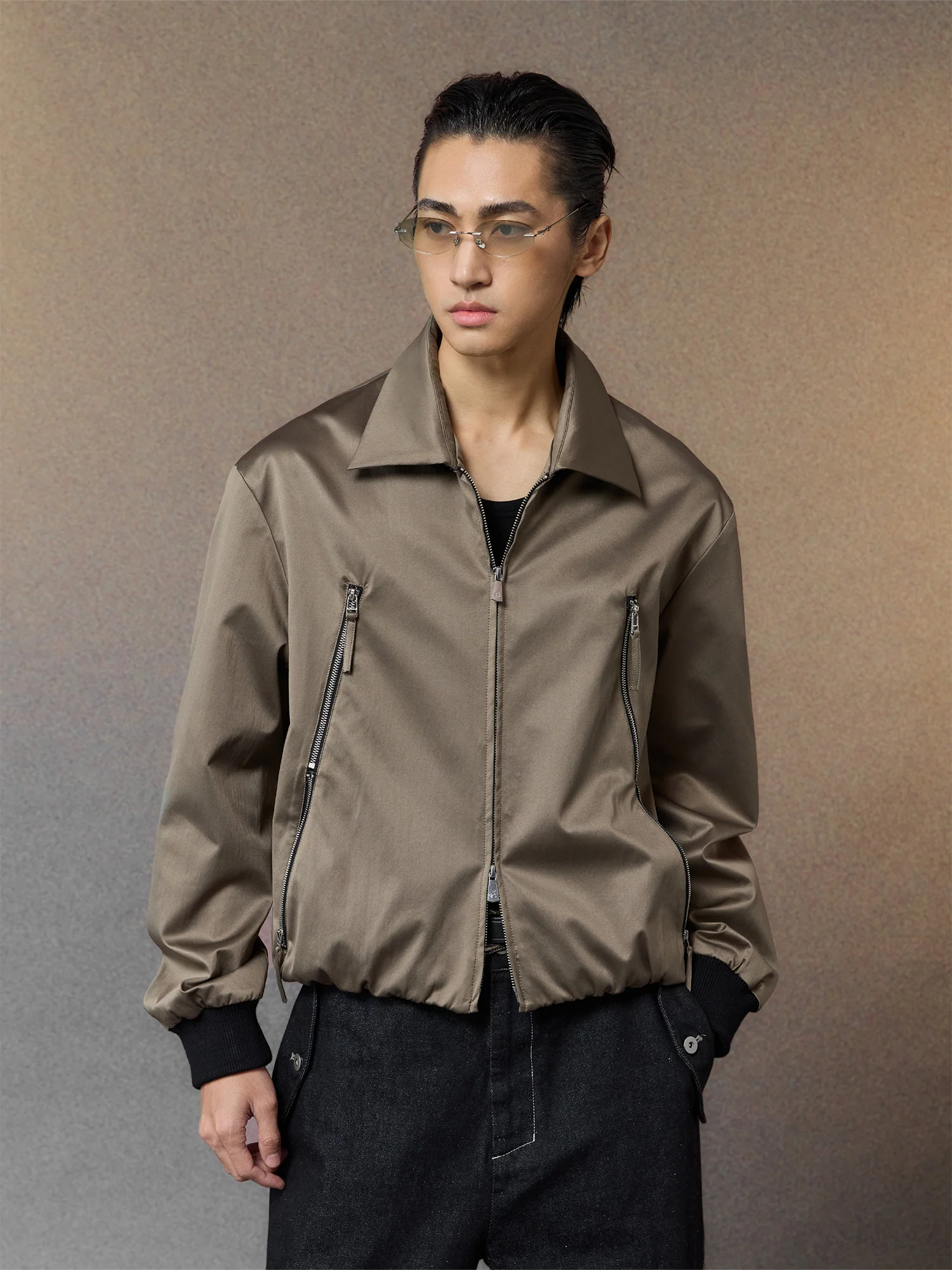 ALVNG AR ANTS Ruched-Sleeve Dual-Zips Bomber Jacket