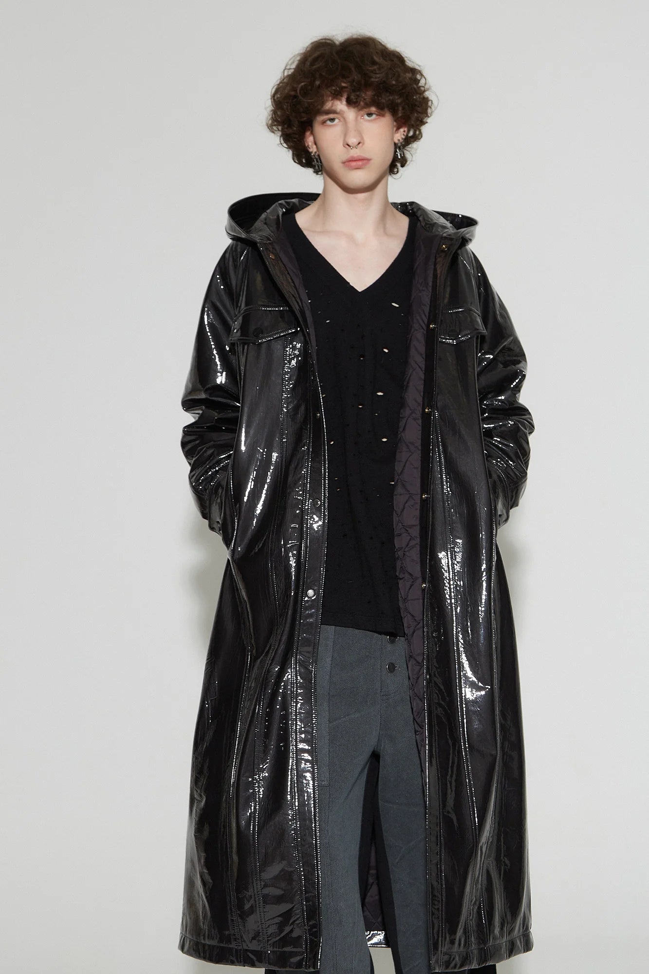 VANN VALRENCE Glossy Belted Hooded Padded Long Coat