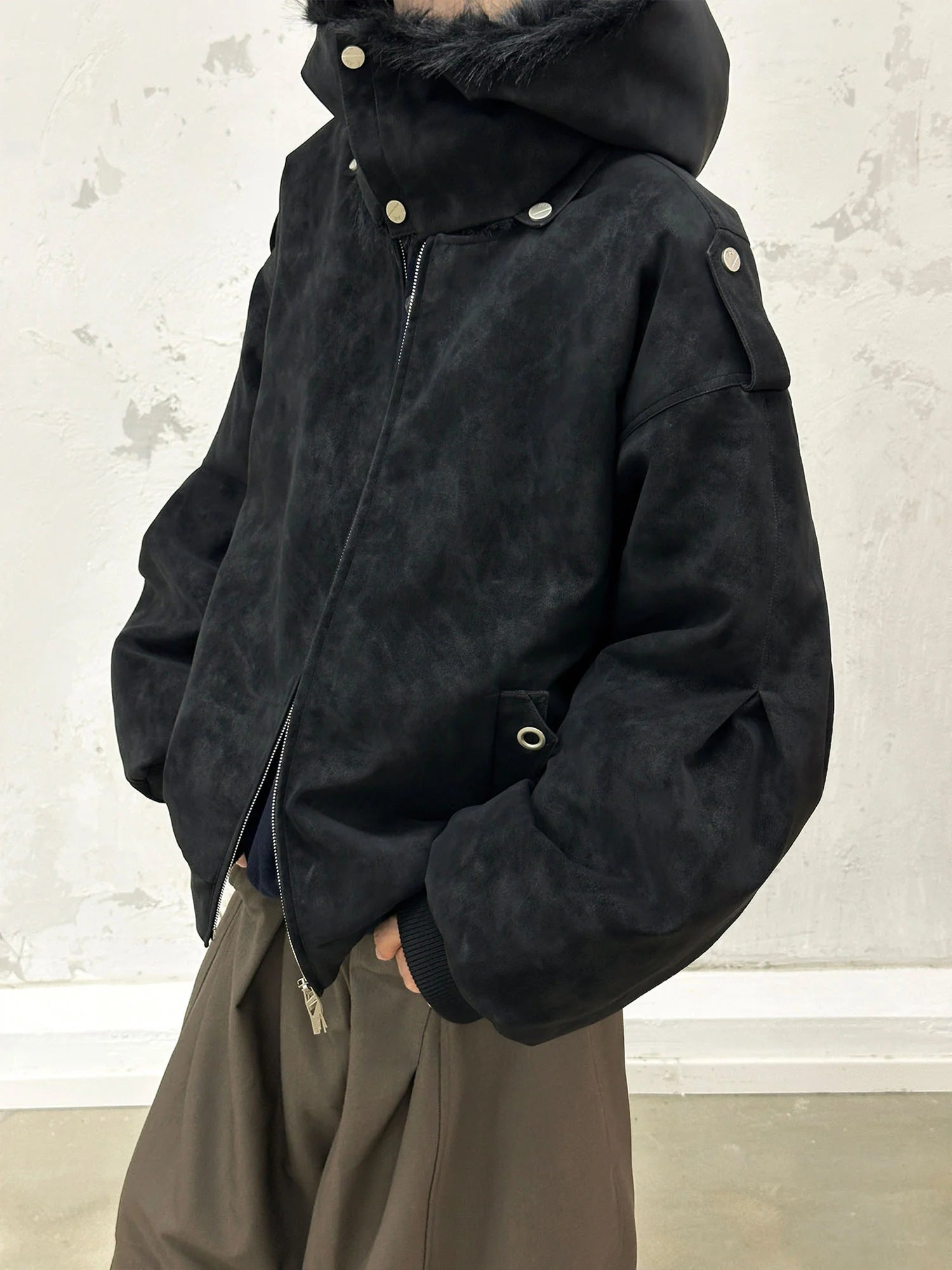RELABEL Detachable Plush Scarf Hooded Suede Jacket Black