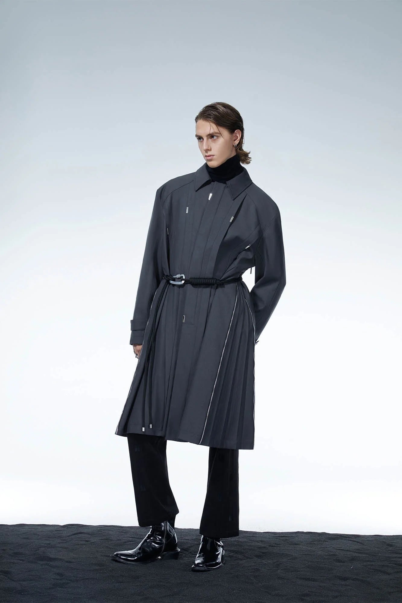 LOSTNFOUND Spliced Pleated Side-Zip Overcoat