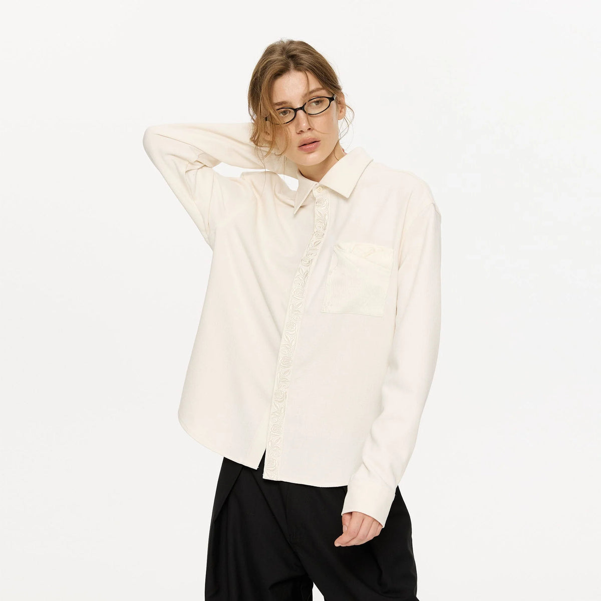 KREATE Floral Jacquard Trim Pocket Shirt