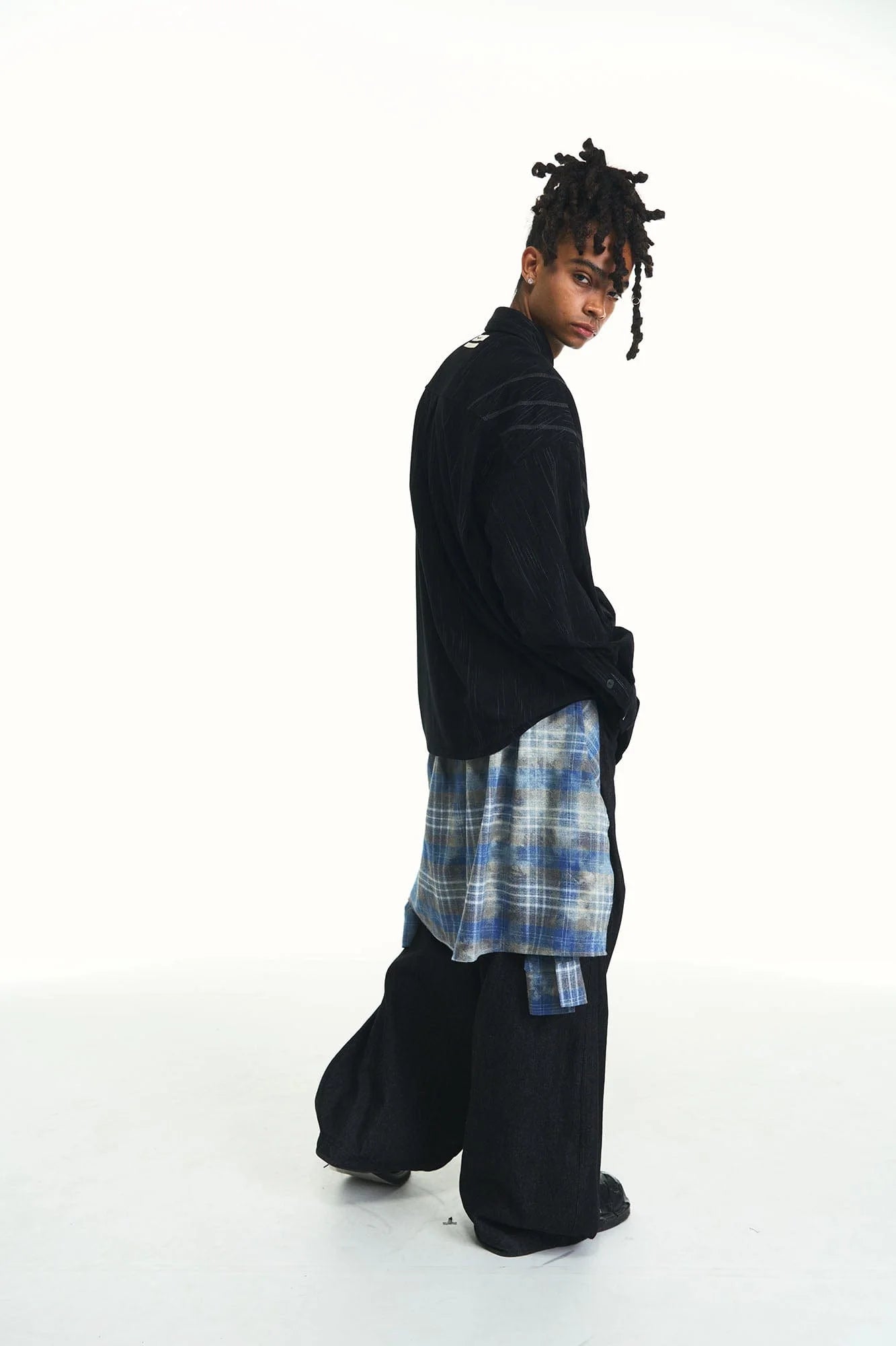RELABEL Detachable Plaid Flap Panel Wide-Leg Pants