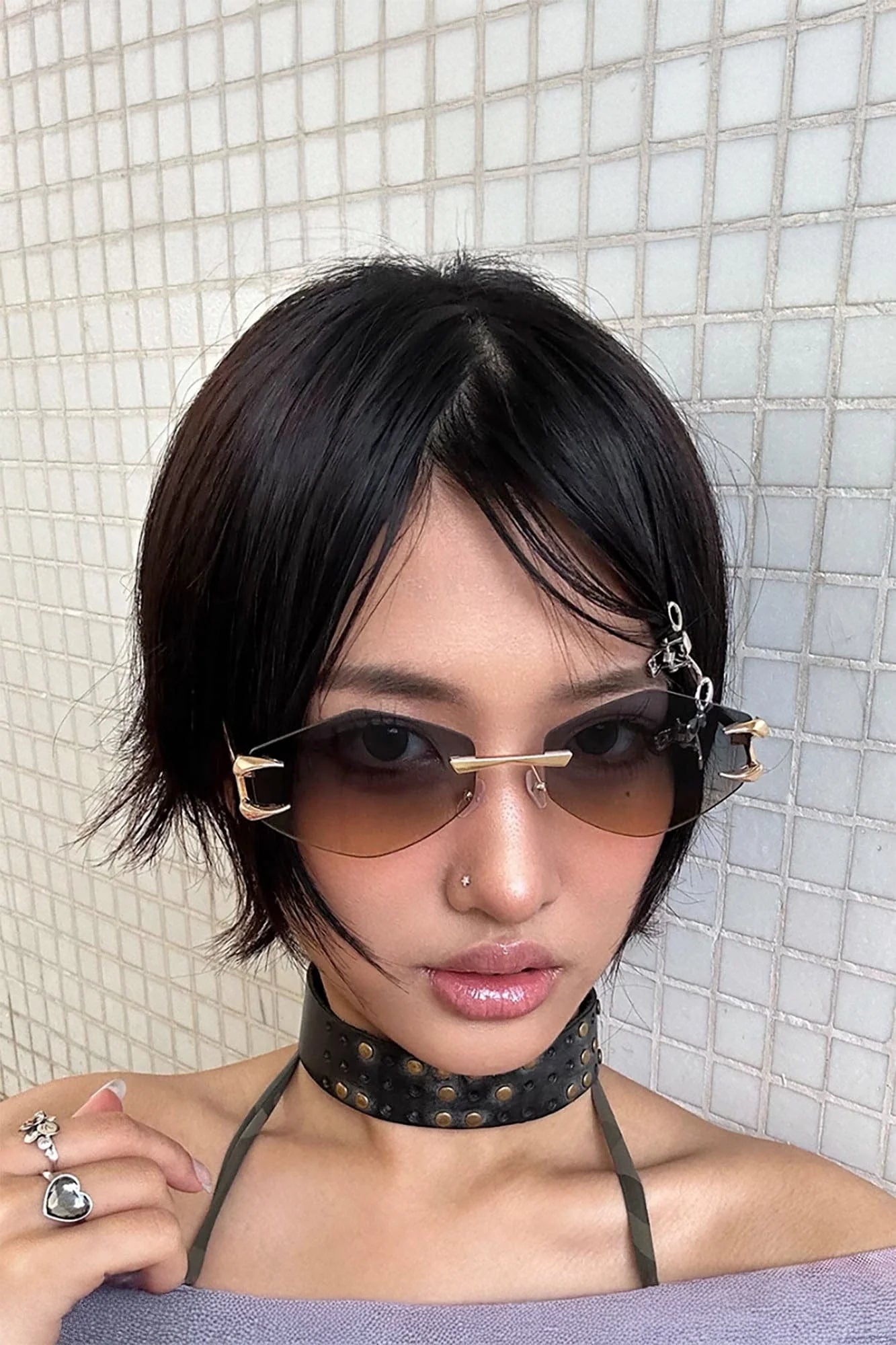 DAMAGE ASIA Claw Temple Gradient Hex Lens Rimless Sunglasses