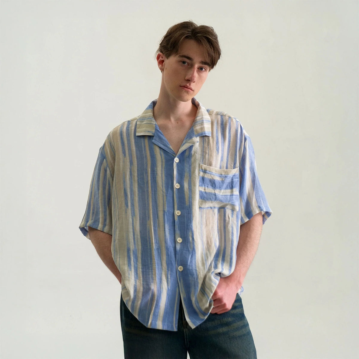 WIID Contrast Stripe Tencel Cuban Half Shirt