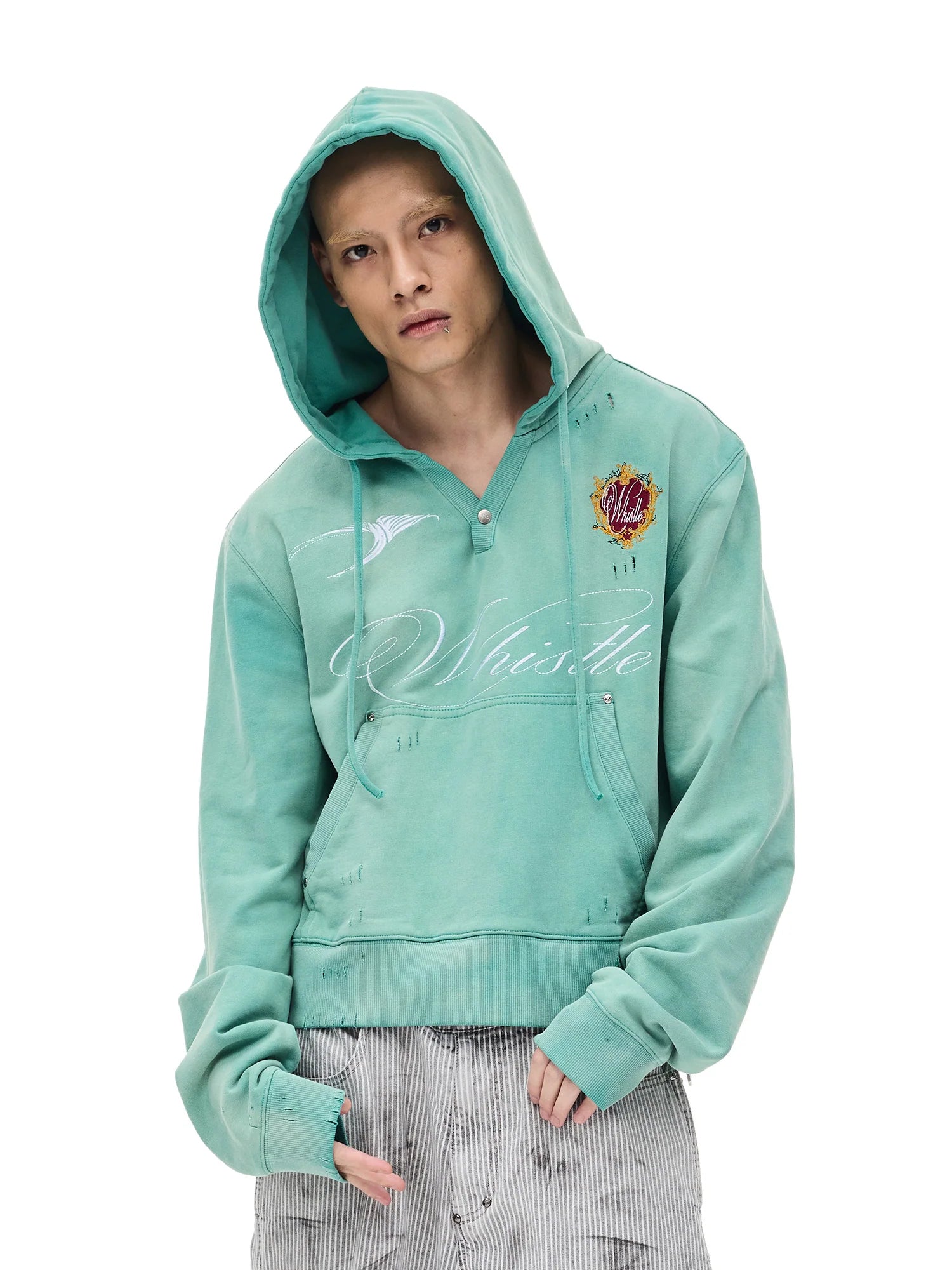 WHISTLEHUNTER Distressed Embroidered V-Neck Hoodie