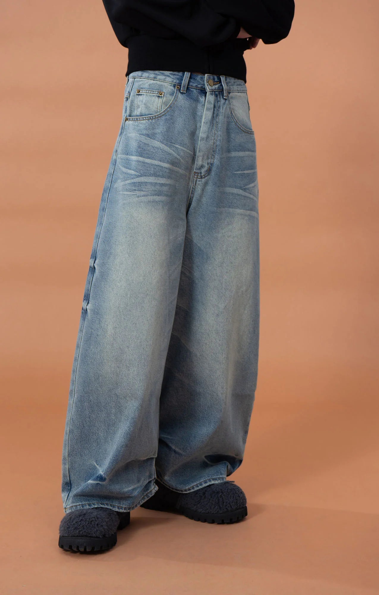 CLP Whiskering Washed Oversized Curved-Leg Jeans