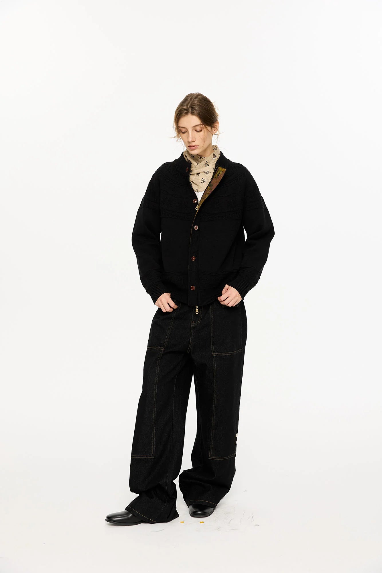 KREATE Double-Placket Jacquard Yoke Cardigan