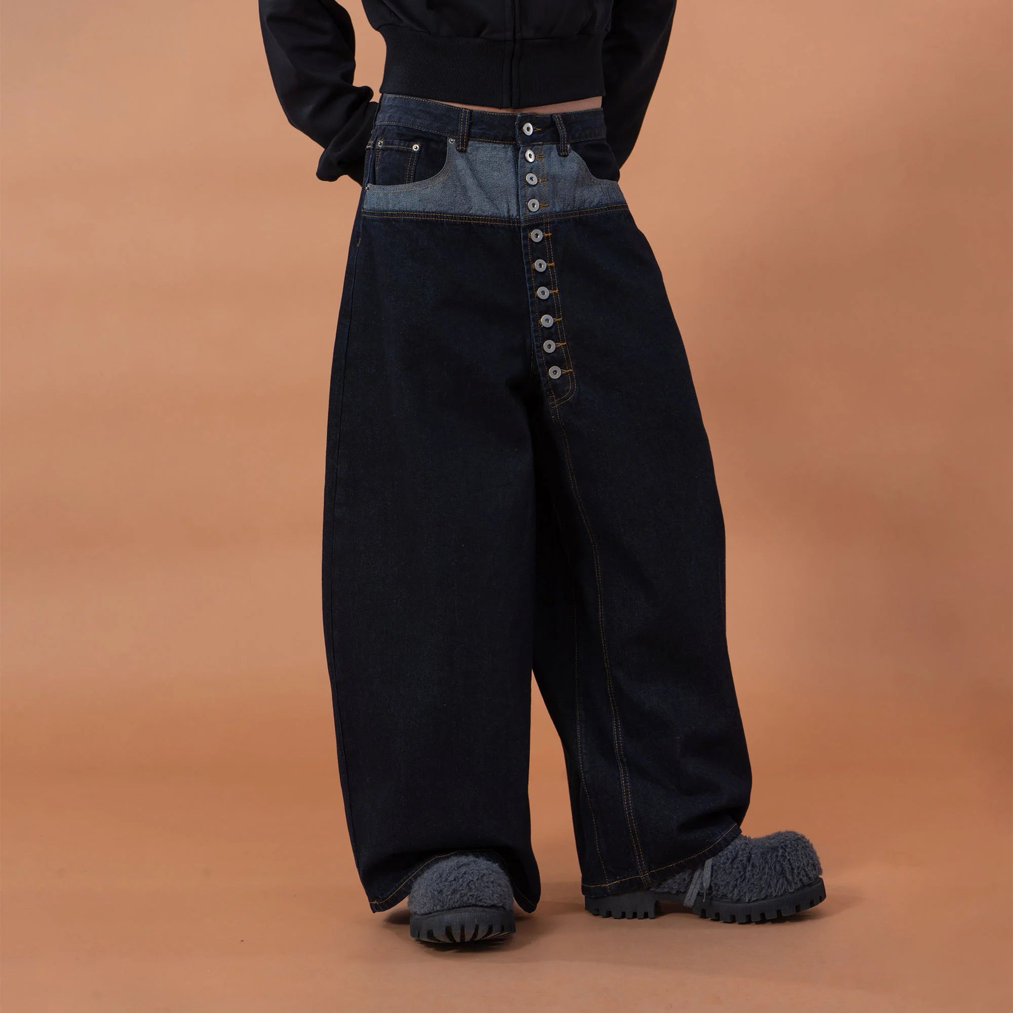 CLP Contrast-Waist Botton-Fly Oversized Raw Jeans