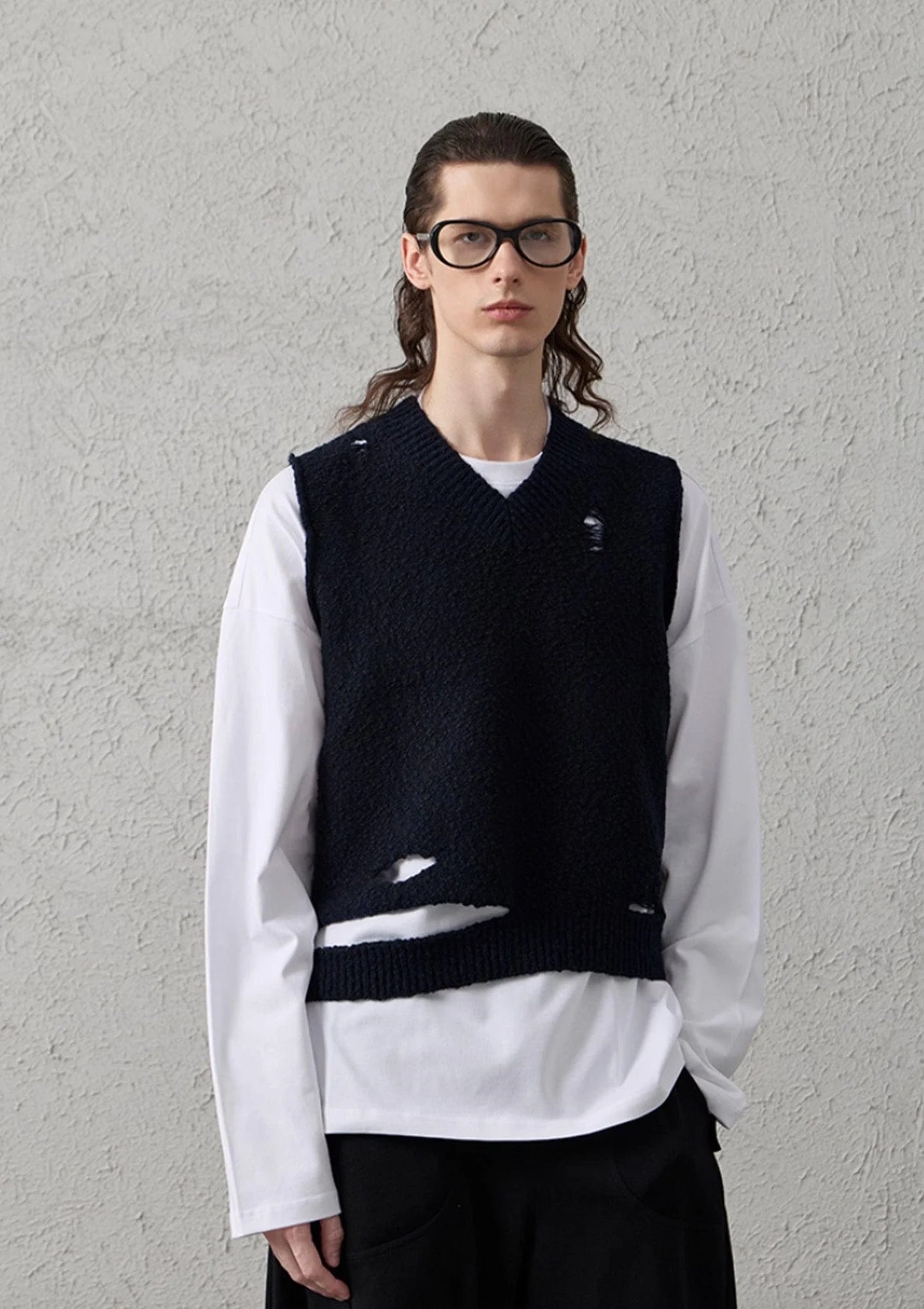 ORGANIC EMOTION Asymmetrical Distressed Bubble-Knit Vest