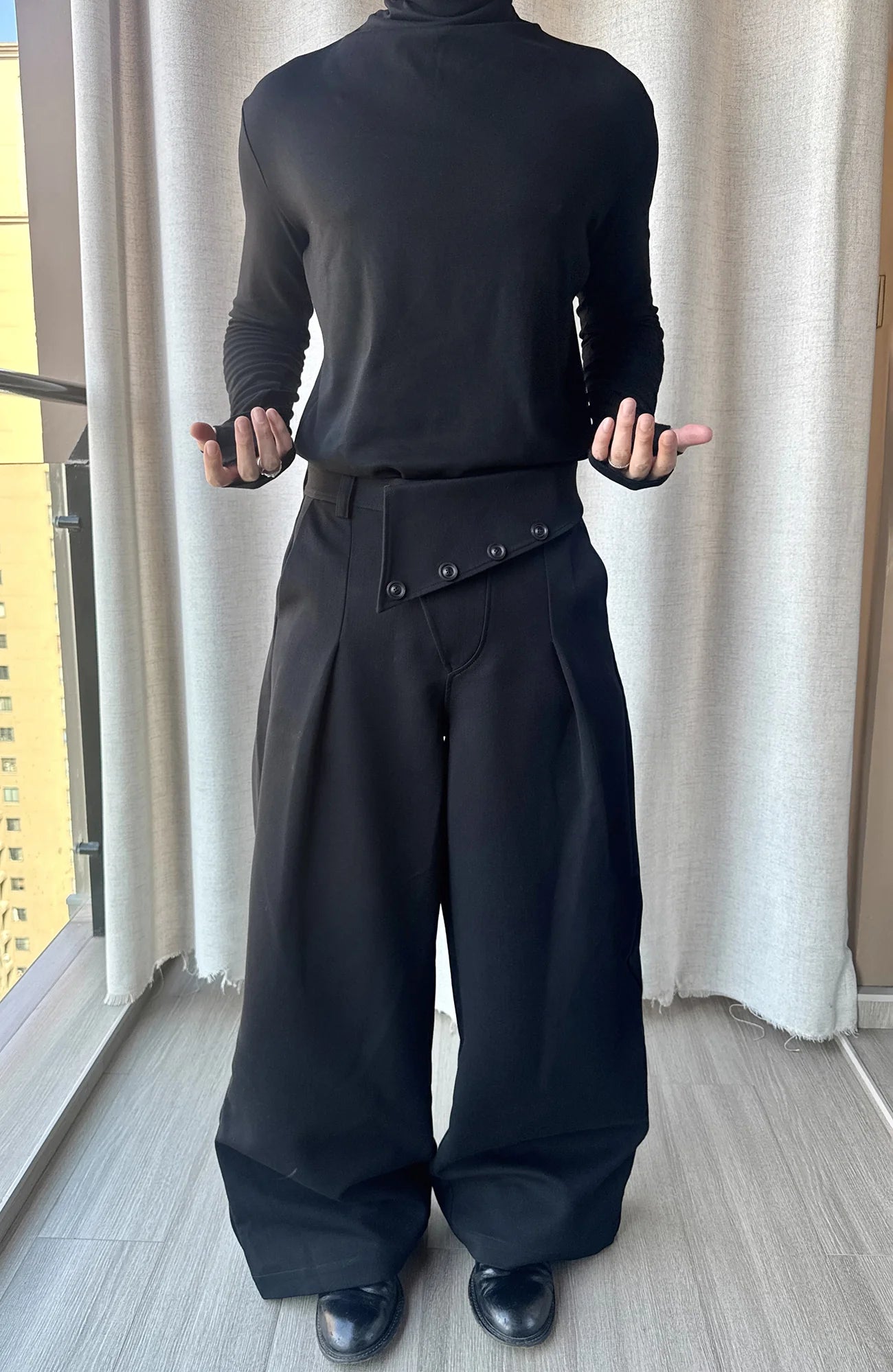 ESAIAS Foldover Waist Pleated Wide-Leg Trousers