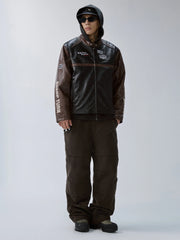 F2CE Retro Embroidered Patch PU Moto Jacket