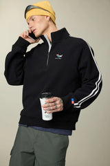 UMAMIISM Waffle Side Stripe Embroidered Half-Zip Pullover