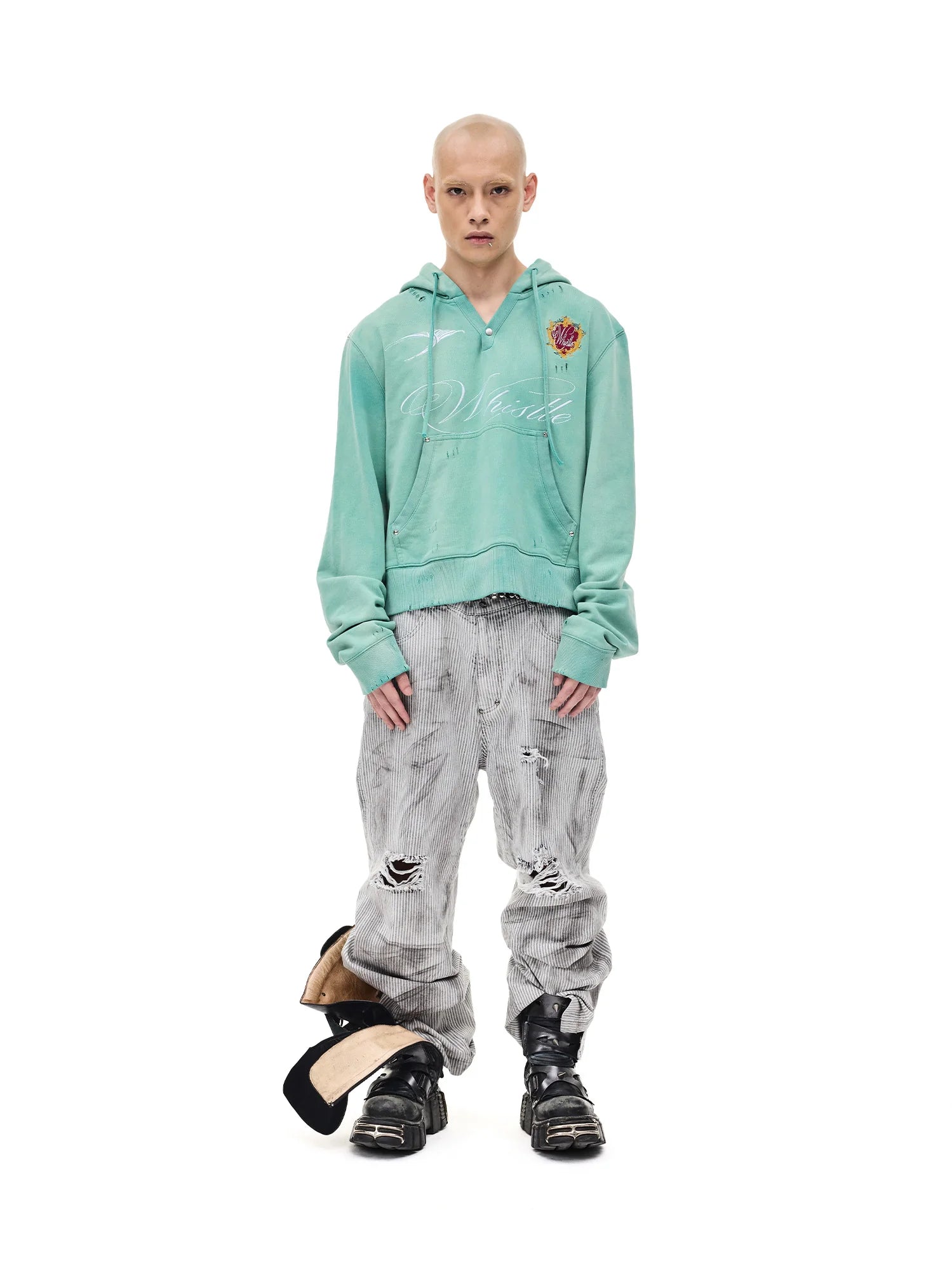 WHISTLEHUNTER Distressed Embroidered V-Neck Hoodie